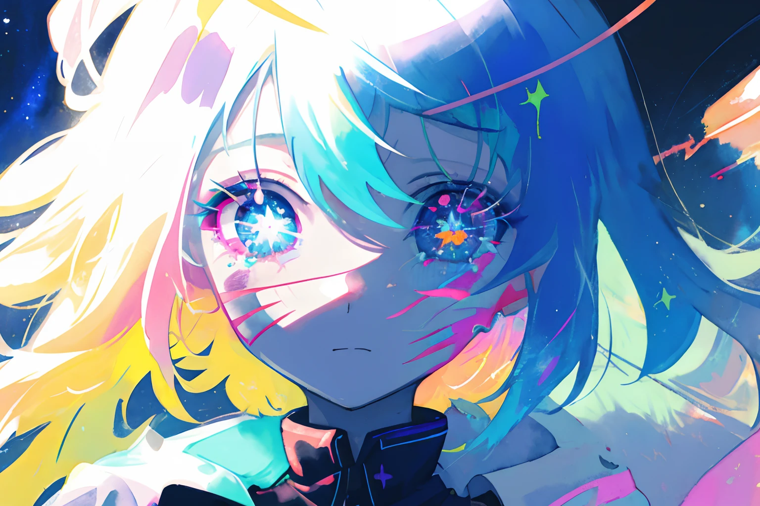 close-up, watercolor, vibrant, pastel, bright glowing pupils, big eyes, eyes, ((starry pupils)), marks on face, face tattoos, tears, scars, contrast, high contrast, dark streaks,