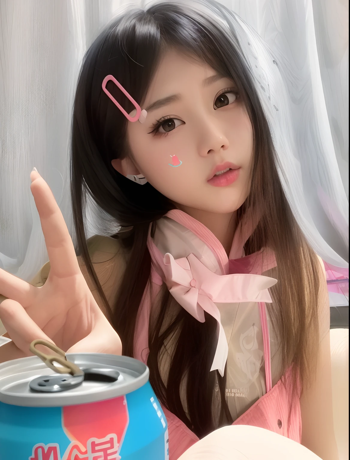 There's a girl with headphones holding a can of soda, Ulzzang, linda Delphine, Ruan Vtuber Fofo, E - , e-meninamichan, wan adorable korean face, kanliu666, menina kawaito, menina coreana, yote wan asian face, fofo, Kim Doyoung