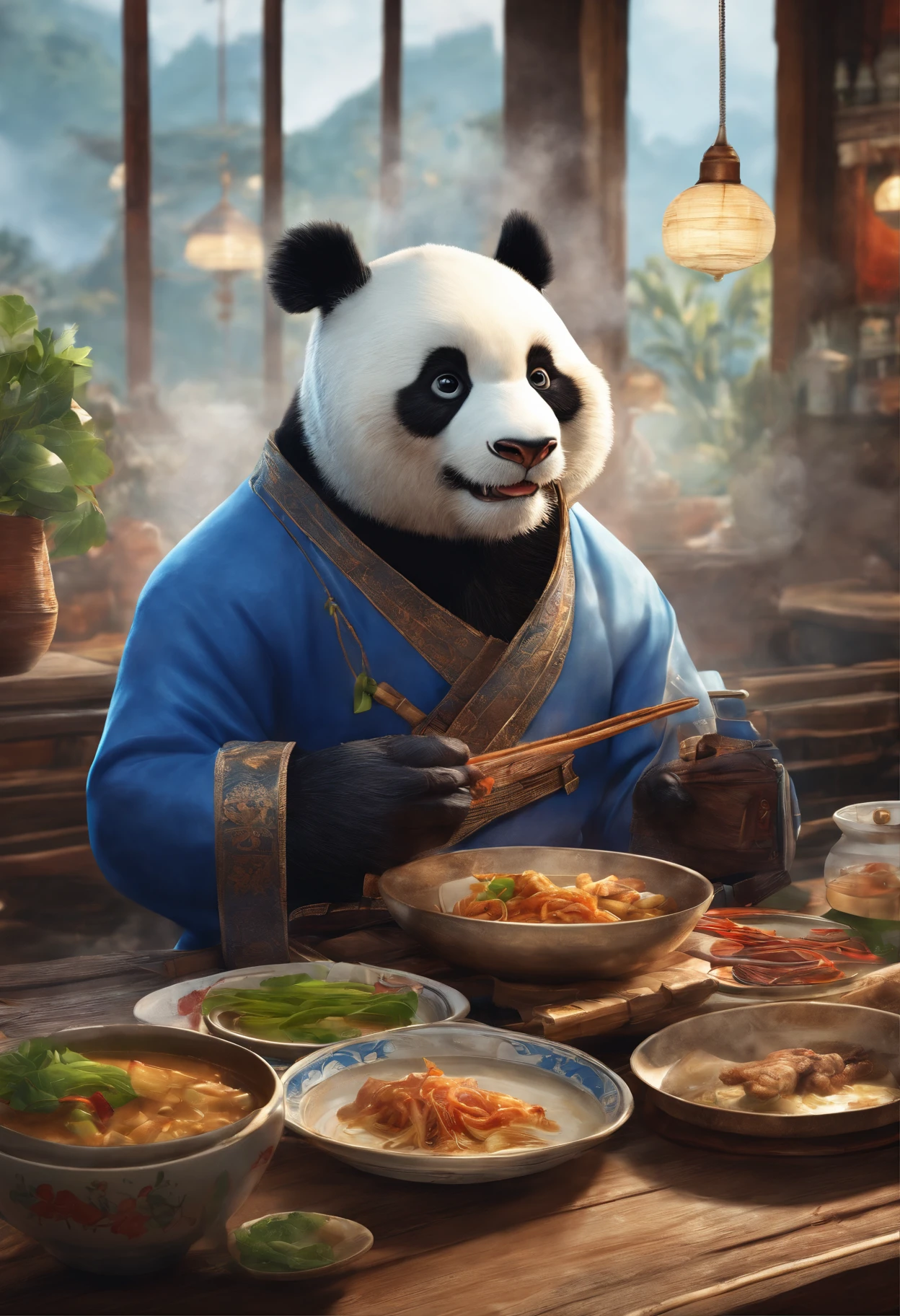 真实感, Realism, Capture a touching moment, When a giant fluffy panda in blue office suits sits at an old bad table in a restaurant., Crowded restaurant, Old Vintage BD Restaurant, People stare at him, Savoring a plate of nasi lemaka, Fried Chicken, and a glass of ice-cold cute. A panda's face should glow with pure happiness and wonder, With a mouthful of Naxi Lemak, It's like trying this favorite Malaysian dish for the first time, 4k, dramatic lighting, tension, Smoke effect, A lot of smoke, The kitchen is lit in the background,