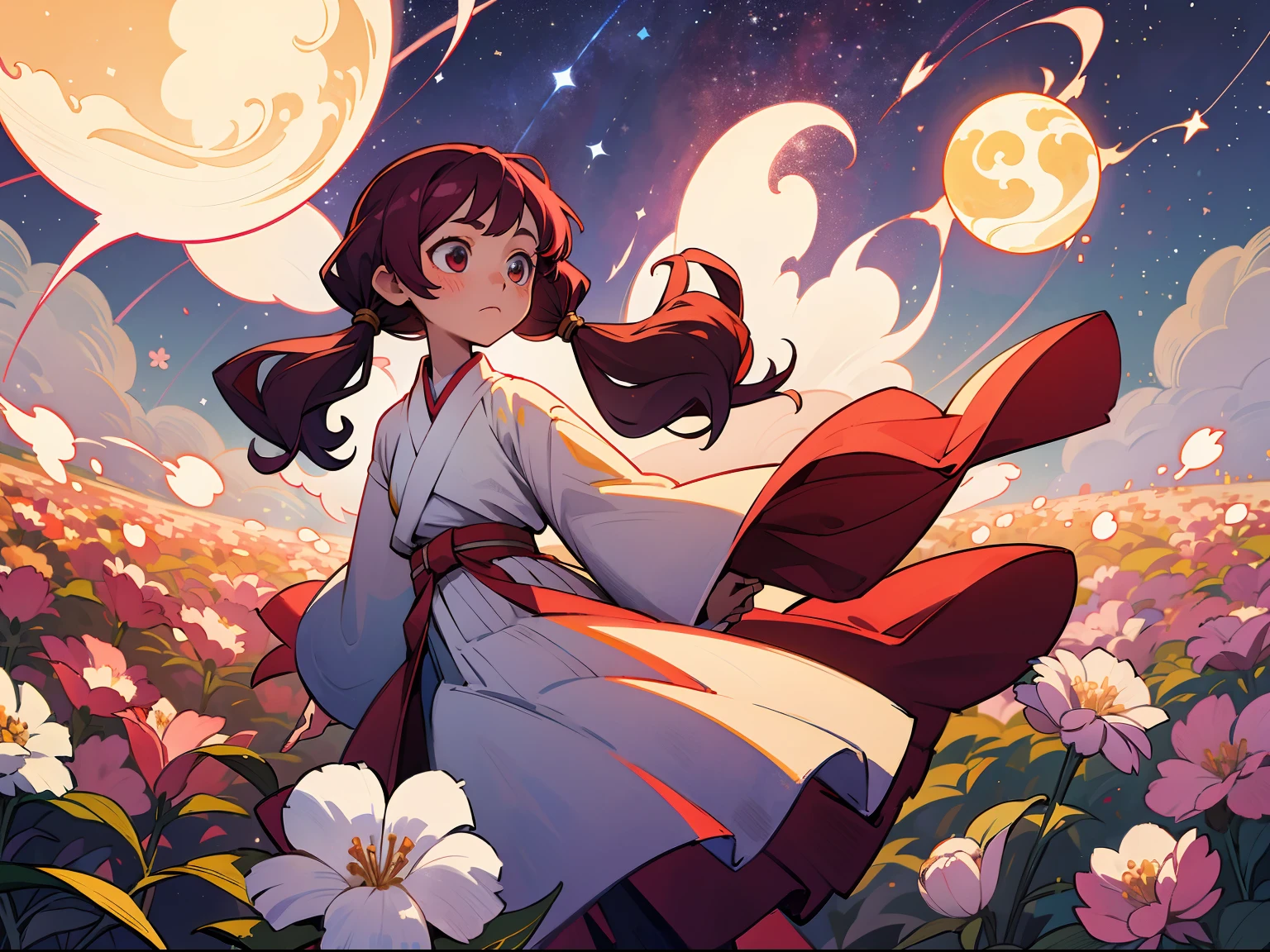 a  girl in a white hanfu standing in a flower field surrounded by spirit orbs, long twintails, burgundy hair, starry sky