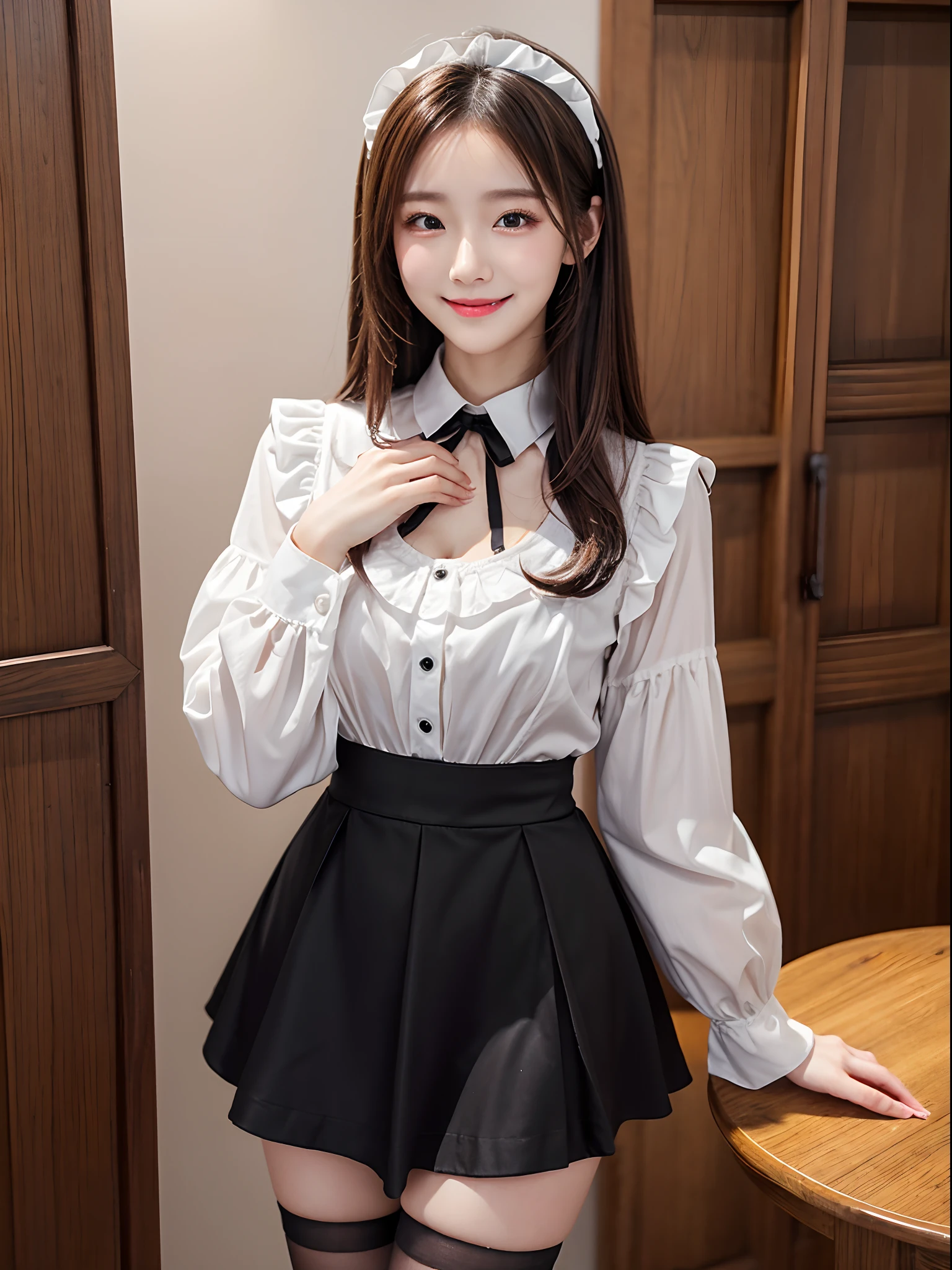 1girl in, Ultra-fine rounded face、super-detaild skin、Moist eyes、Shoulder-length hairstyle with visible forehead、middlebreasts、A slender、maid clothes | (Black:1.2、Long sleeve blouse (chest opened)、a miniskirt)、high-heels、Cute Nails、Alcohol lover、21years old、Happy smile