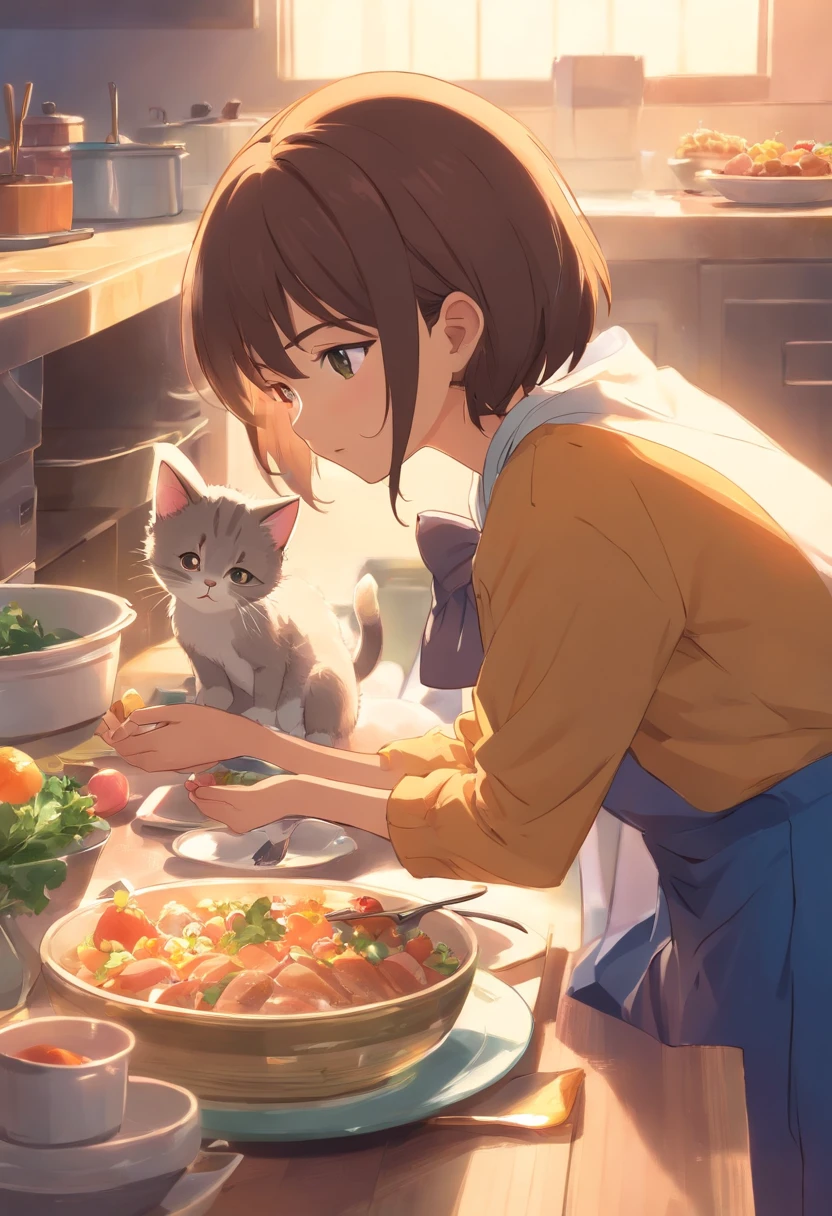 The kitten bows its head to eat