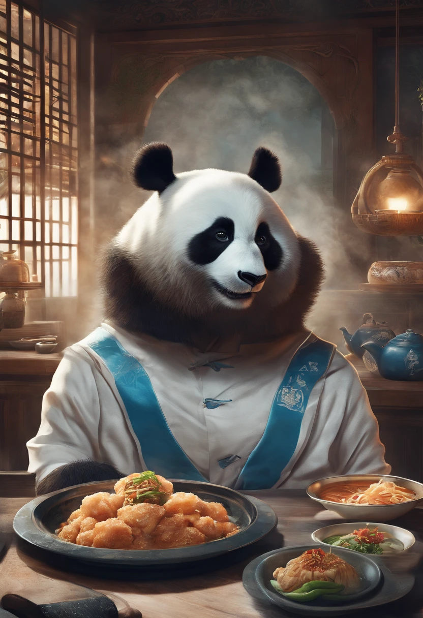 真实感, Realism, Capture a touching moment, When a giant fluffy panda in blue office suits sits at an old bad table in a restaurant., Crowded restaurant, Old Vintage BD Restaurant, People stare at him, Savoring a plate of nasi lemaka, Fried Chicken, and a glass of ice-cold cute. A panda's face should glow with pure happiness and wonder, With a mouthful of Naxi Lemak, It's like trying this favorite Malaysian dish for the first time, 4k, dramatic lighting, tension, Smoke effect, A lot of smoke, The kitchen is lit in the background,