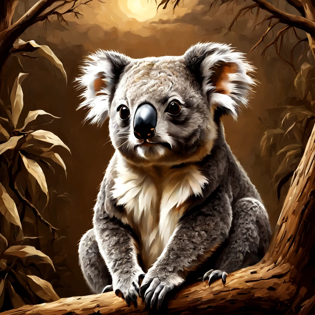 Koala staring with a frightening look on their face inspiring terror in all, in anachronism art style, masterpiece, best quality, background the outback