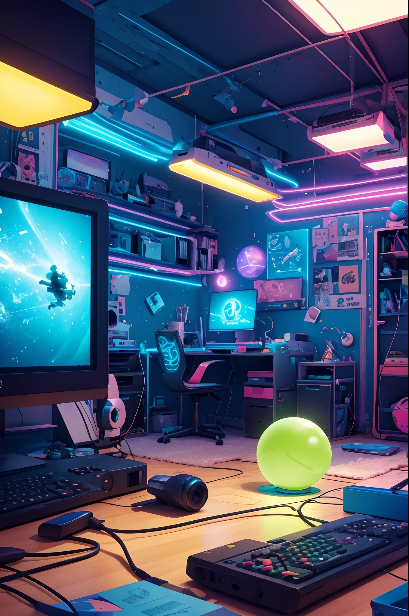 messy room with computers and technological equipment, zero gravity style, objects in the air, disney/pixar style, 3d, vibrant colors, neon
