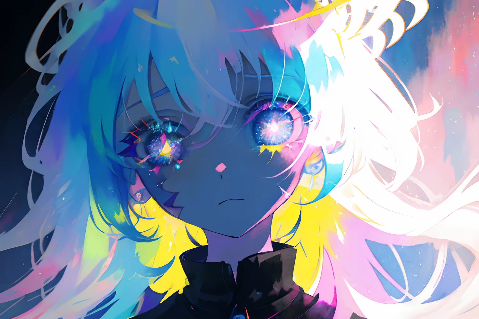 close-up, watercolor, vibrant, pastel, bright glowing pupils, big eyes, eyes, ((starry pupils)),  marks on face, face tattoos, tears, scars, contrast, high contrast, dark streaks,