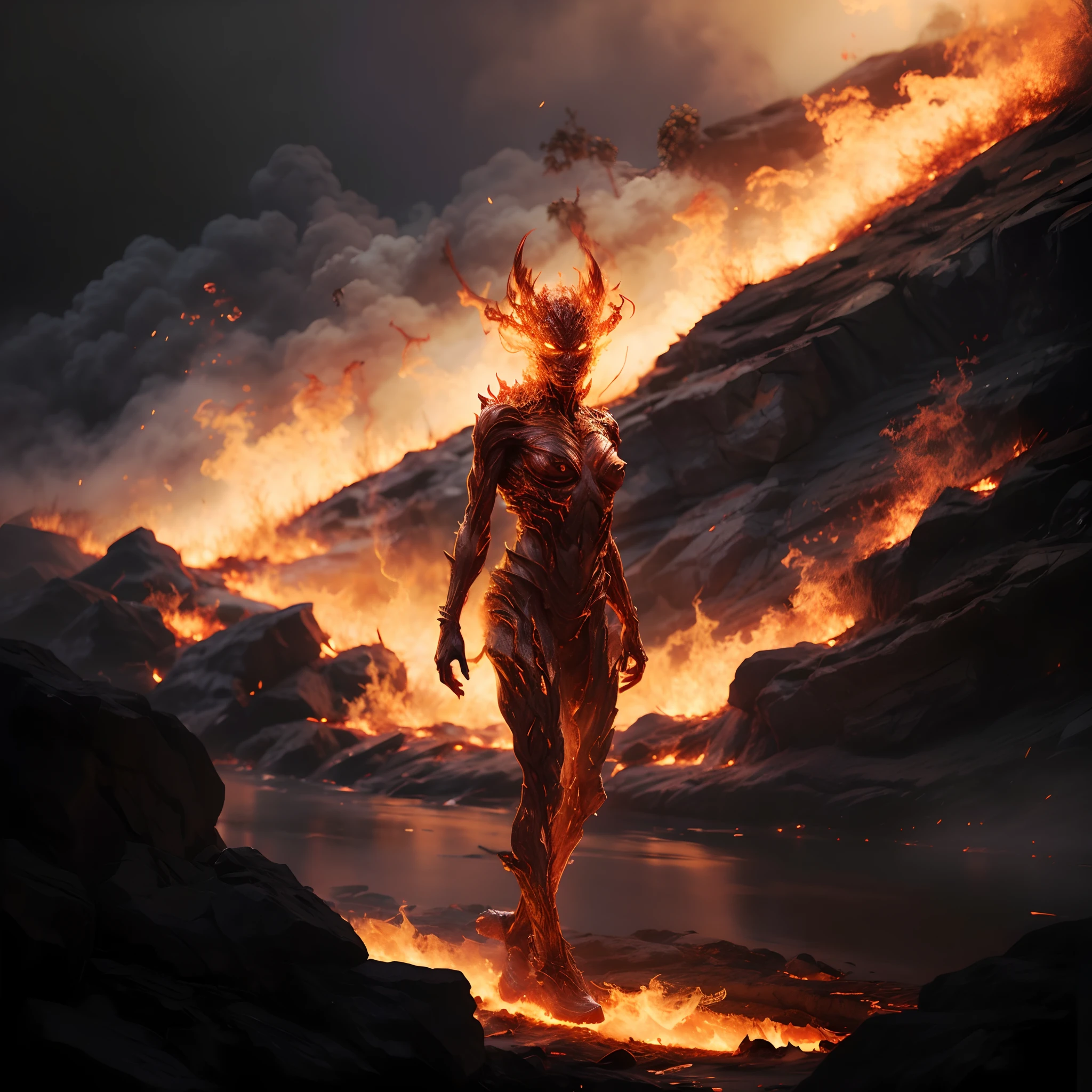 highly detailed photo of fire elemental:1.2 burning up a countryside, ((full body)), realistic, depth of field, blurry background, photorealistic, cinematic photography, edge lighting,