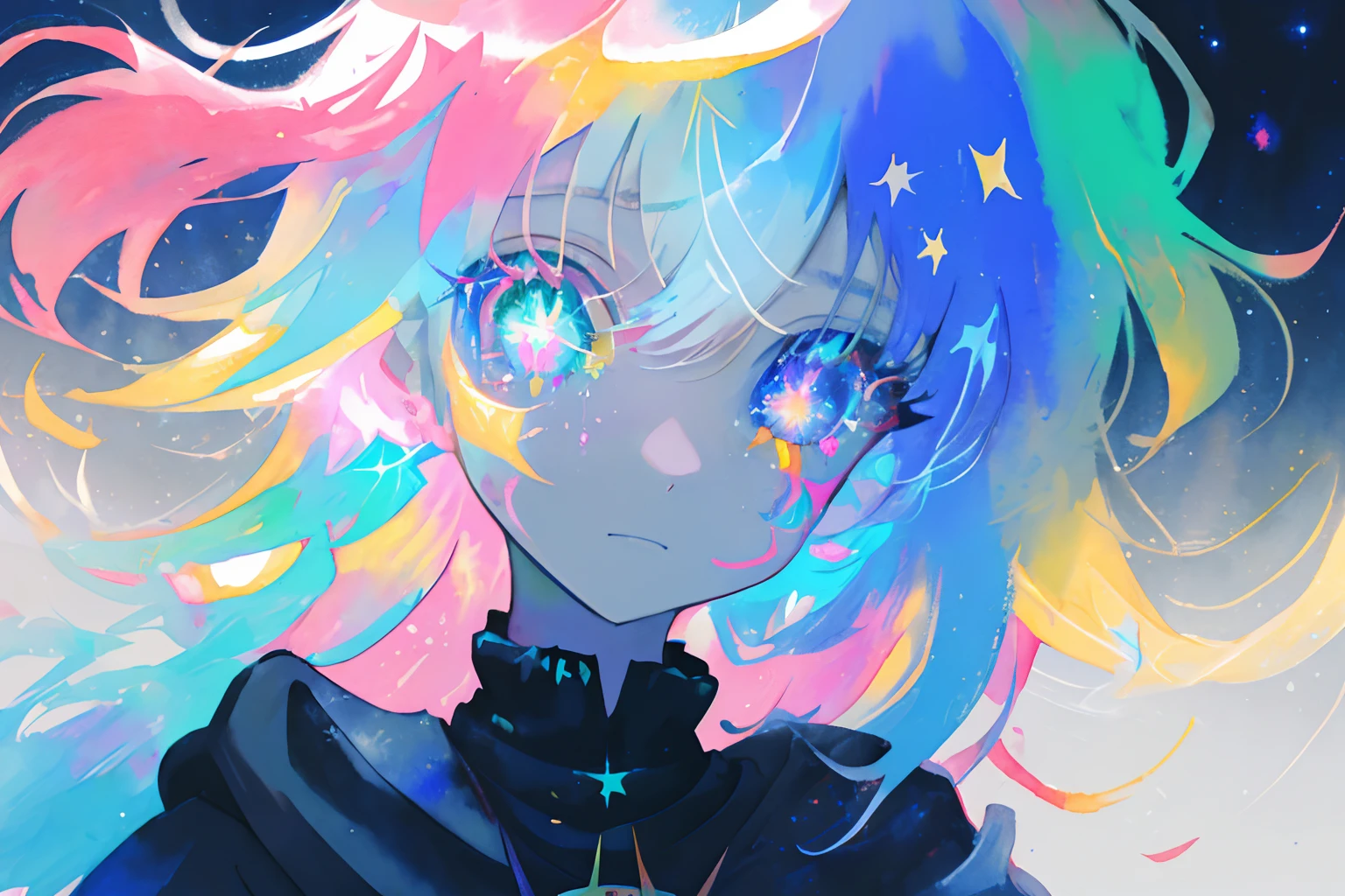 close-up, watercolor, vibrant, pastel, bright glowing pupils, big eyes, eyes, ((starry pupils)), marks on face, face tattoos, tears, scars, contrast, high contrast, dark streaks,
