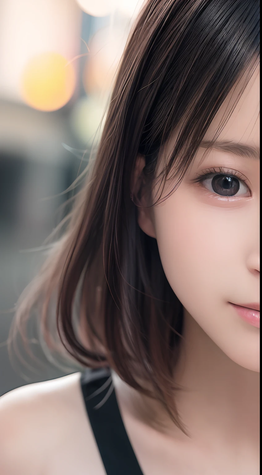 masutepiece, Best Quality, 8K, 85 mm, Raw photo, absurderes, award winning portrait, Solo, violaceaess, gardeniass, Delicate girl, Upper body, Idol face, Night, neons, Digital SLR, Looking at Viewer, natural, Candid, Sophisticated, zora々Right, Professional Lighting, Film grain, chromatic abberation, (Bokeh:1.1)