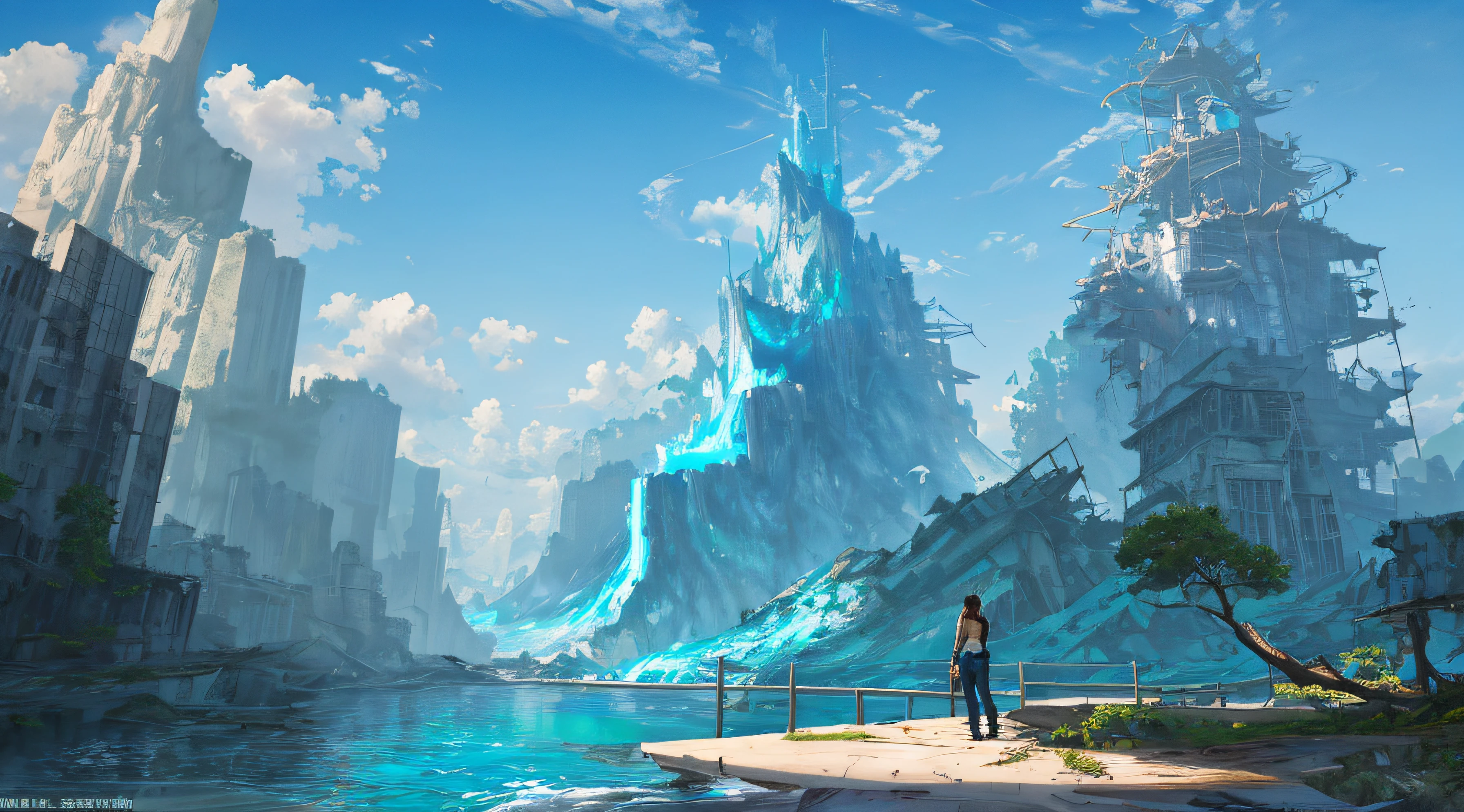 ConceptArt, scenery, water, sky, day, tree, cloud, waterfall, outdoors, ruined building, nature, river, blue sky, 1 woman, brunette, ponytail, trousers, an explorer with companion, ancient giant from afar
