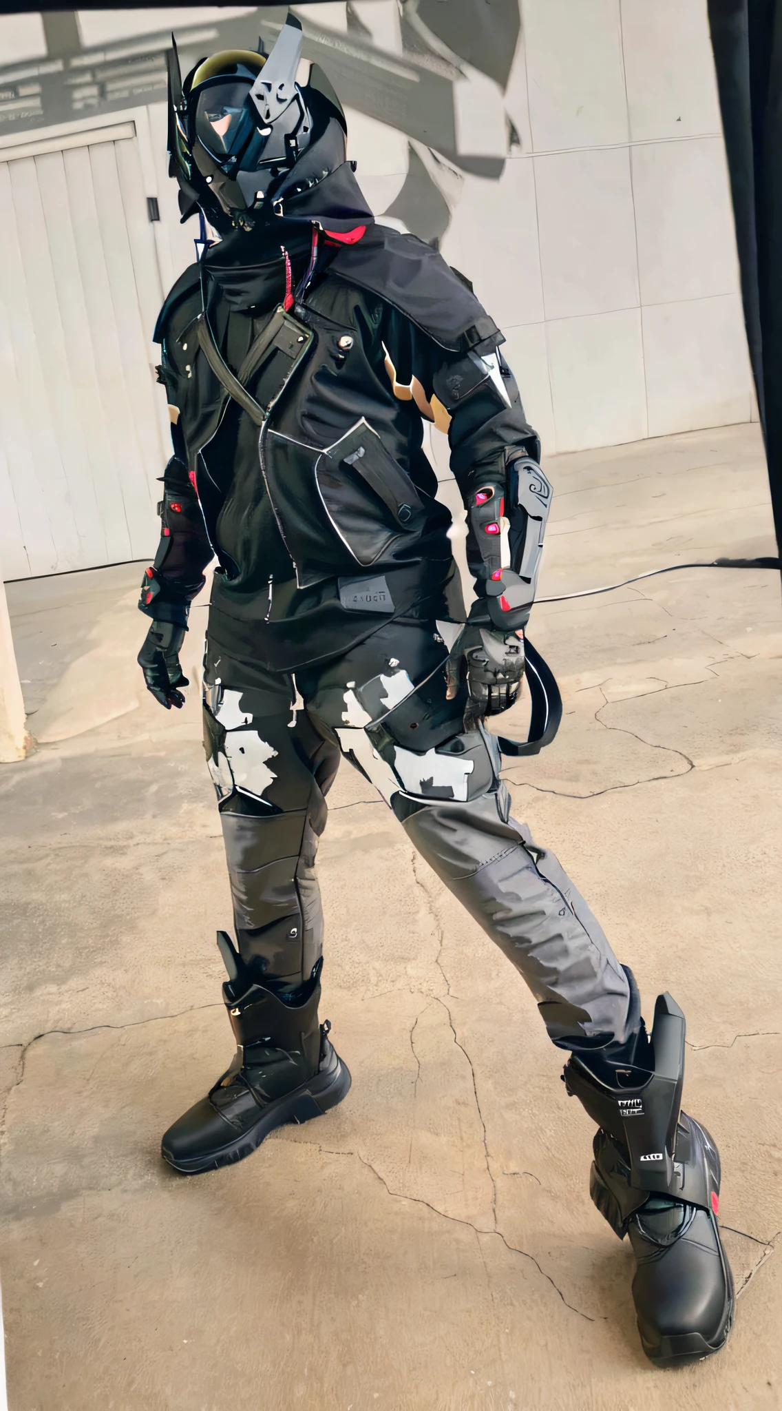 there is a man in a helmet and a black jacket, full body x-force outfit, full body with costume, wearing techwear and armor, zoomed out full body, full body picture, full body shot hyperdetailed, full costume, full body and head view, full body wide shot, detailed full body concept, complete body view, full body; front view, masterpiece, 8K