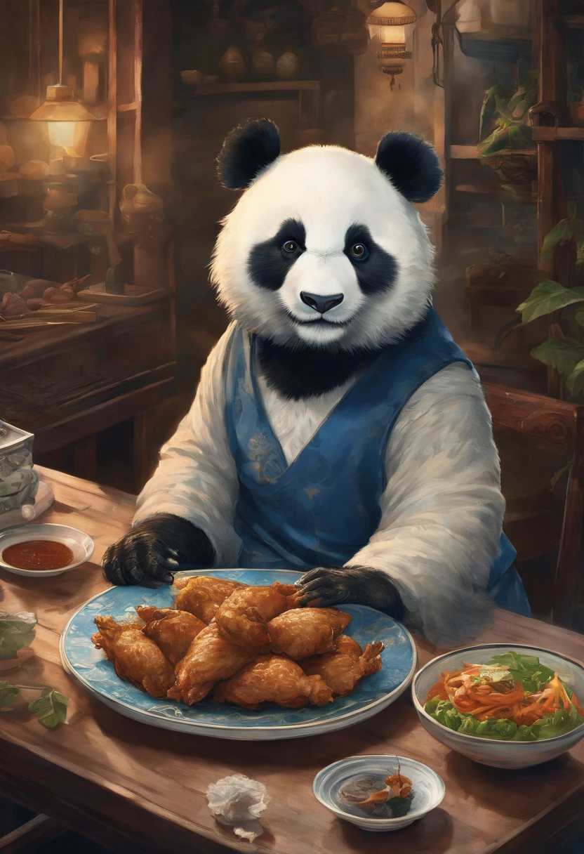 真实感, Realism, Painting by Jean-Baptiste Monge depicting a giant, fluffy lady, Capture a touching moment, When a giant fluffy panda in blue office suits sits at an old bad table in a restaurant., Crowded restaurant, Old Vintage BD Restaurant, People look at him, Savoring a plate of nasi lemaka, Fried Chicken, and a glass of icy cute. A panda's face should glow with pure happiness and wonder, With a mouthful of Naxi Lemak, It doesn't matter, that it's the first time to try this beloved Malaysian dish, 4k, dramatic lighting, tension, Smoke effect, A lot of smoke, The kitchen is lit in the background,