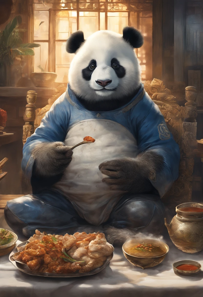真实感, Realism, Painting by Jean-Baptiste Monge depicting a giant, fluffy lady, Capture a touching moment, When a giant fluffy panda in blue office suits sits at an old bad table in a restaurant., Crowded restaurant, Old Vintage BD Restaurant, People look at him, Savoring a plate of nasi lemaka, Fried Chicken, and a glass of icy cute. A panda's face should glow with pure happiness and wonder, With a mouthful of Naxi Lemak, It doesn't matter, that it's the first time to try this beloved Malaysian dish, 4k, dramatic lighting, tension, Smoke effect, A lot of smoke, The kitchen is lit in the background,