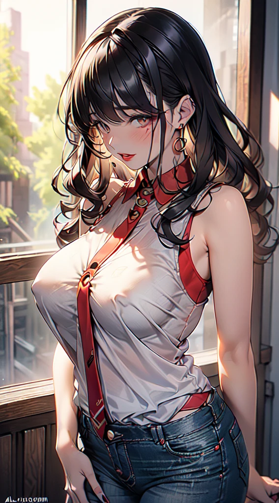 girl, pretty, curly hair, brown hair, sleeveless collared blouse, red blouse bare arms, wide breasts, mature body, thick black jeans, thick lips, red lipstick, salon, red kiss mark, blushing