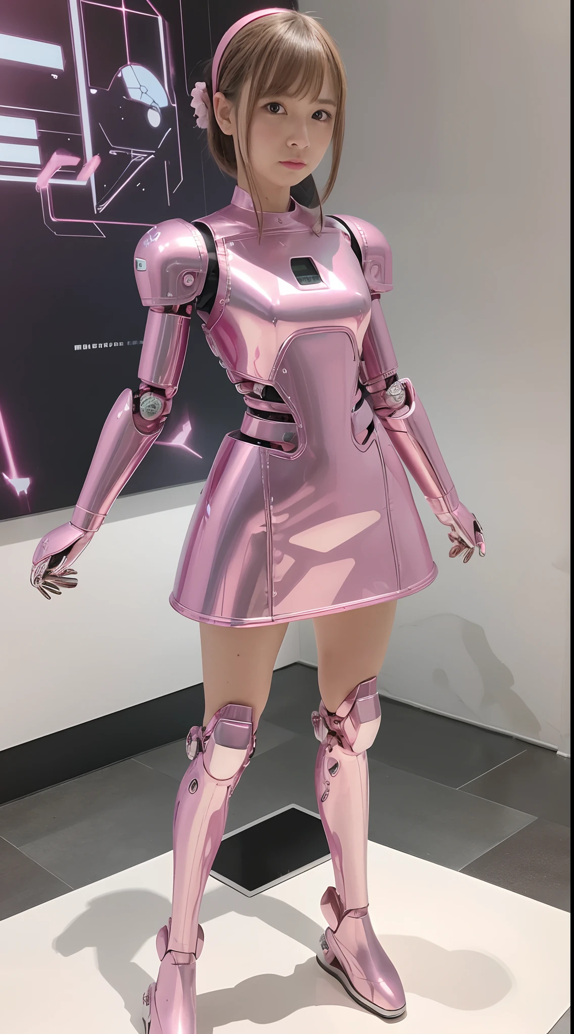 Robot Girl, pink there, Silver, Metallic body, Robot Parts, Metal Parts, Super Detailed Face, Super well-formed face, of the highest quality, a small face, a small head, Brown hair, Slender body, Camera gaze, Internal Mechanical Exposure, Idol, front facing, Well-proportioned body, sale, exhibition, Event Hall, Moe Pose, pink metallic nurse dress Machine Armor, Standing with legs open, Model body type, sad, Embarrassing,(Perfect Robot Girl),(Perfect machine body)