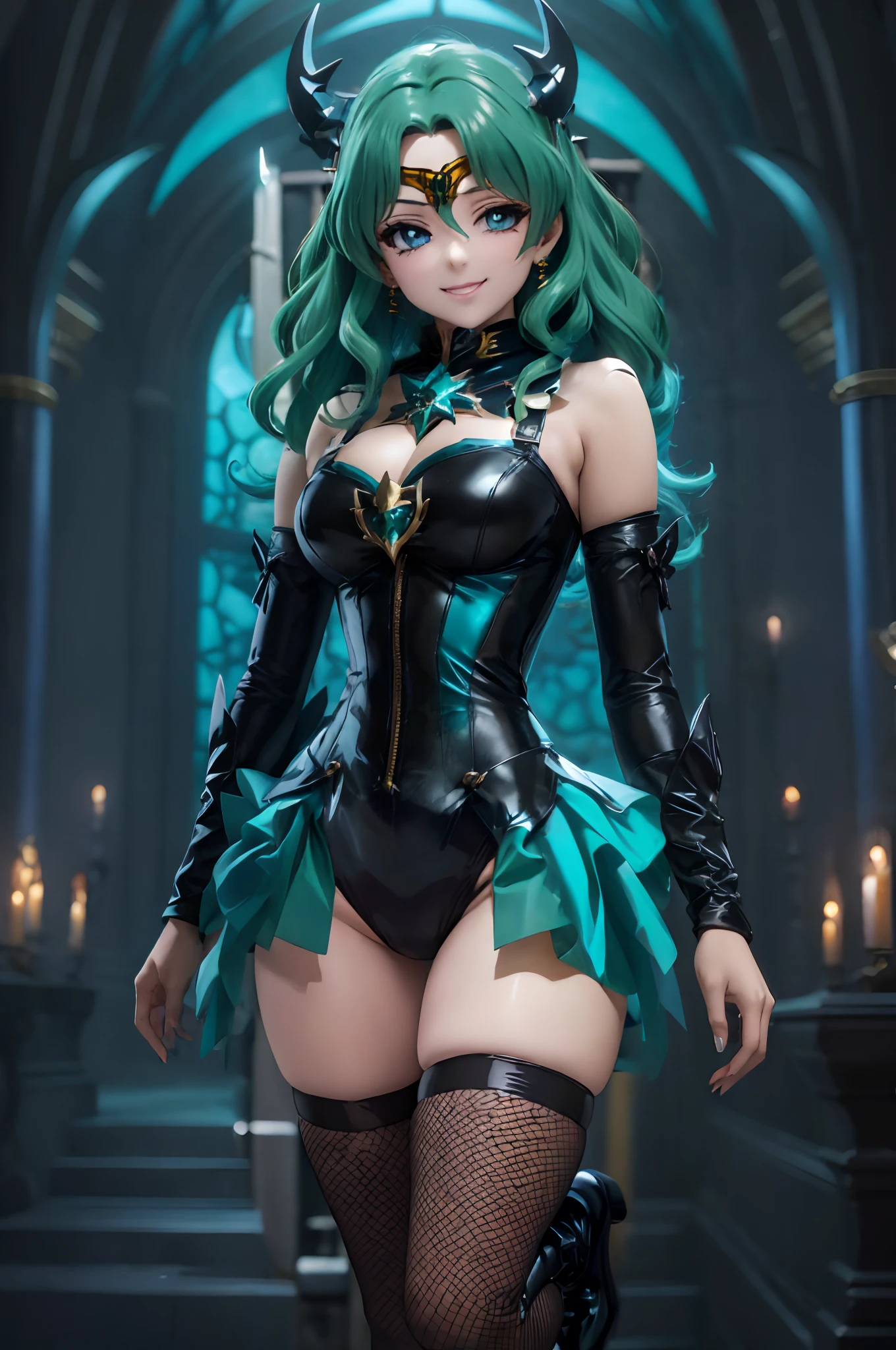 Sailor Neptune of the Fallen. female solo. Aqua color hair. Brainwashed eyes. A black mask that hides the eyes. Evil costume. nefarious smirk. Latex Costume. Full Body Stockings. Futuristic machine background.