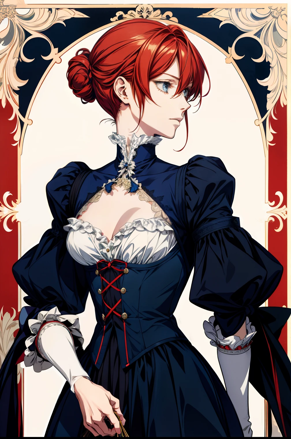 (absurd, high resolution, super detailed), masterpiece, (absurdres:1.1), best quality, extremely delicate, Victorian era badass anime drawing of a man Regal Victorian era inspired a close up character portrait, [ character design ], crisp clear rpg portrait, human male character art, official character art Full body shot masterpiece, (absurdres:1.1), best quality, extremely delicate, (beautiful face:1.1), elegant, full clothes (great composition), bags under eyes,  (dark:1.1), highly detailed exquisite  portrait anime girl with short hair and blue eyes looking up, inspired by Li Chevalier, sayori, clean cel shaded, female protagonist 👀 :8, profile of anime girl, , zerochan, artoria pendragon, demon slayer rui fanart, [[[[grinning evily]]]] natural red hair Victorian era inspiration