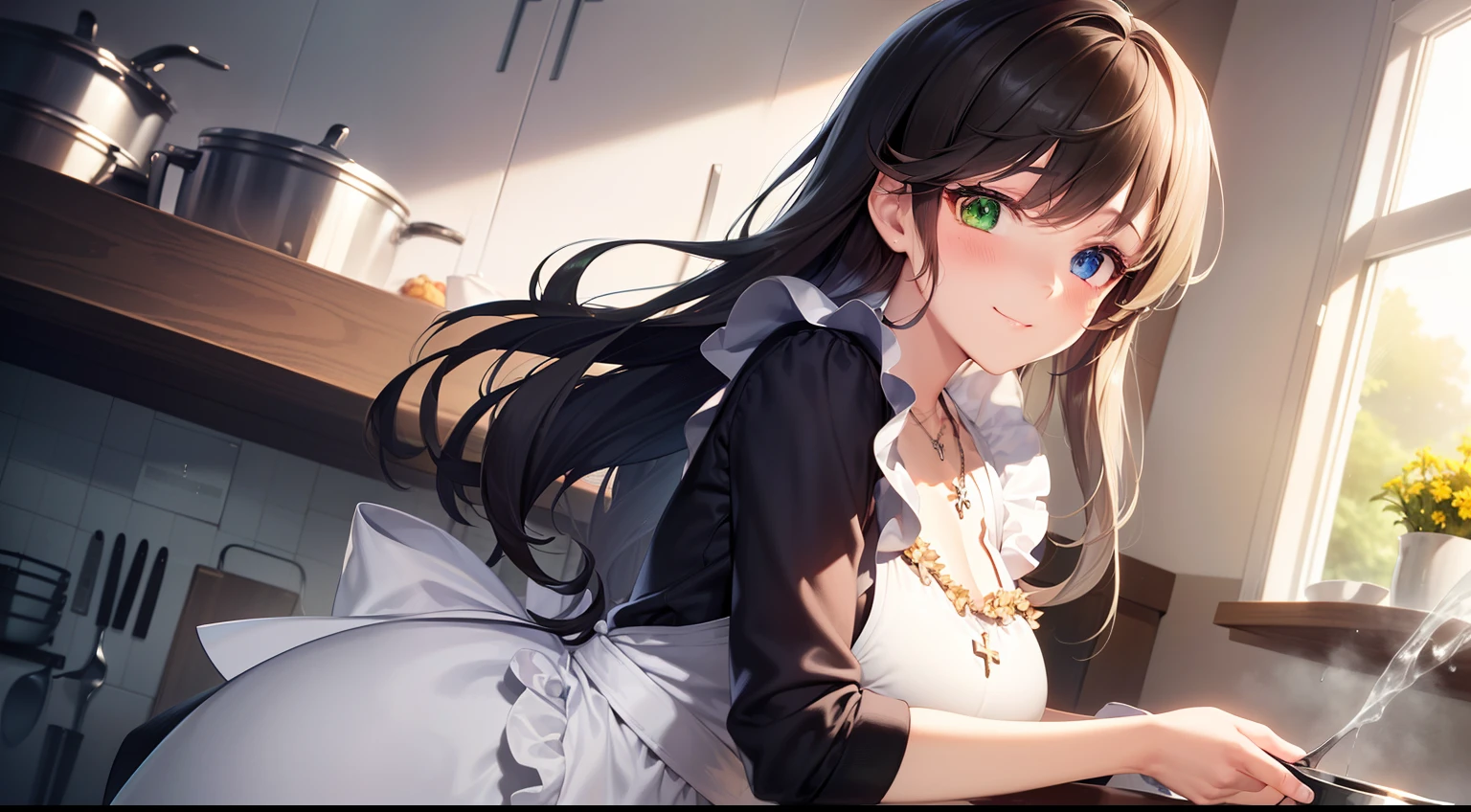 ((masterpiece, best quality, highres, UHD, perfect pixel, depth of field, 4k, RTX, HDR))), 1girl, beautiful anime girl, beautiful artstyle, anime character, ((girl: long hair, bangs, dark brown hair, wavy hair:0.4, long flowing hair)), ((heterochromia eyes:1.4, rounded eyes, beautiful eyelashes, realistic eyes, one green eye one blue eye,heterochromic eyed)), ((detailed face, blushing:1.2)), ((smooth texture:0.75, realistic texture:0.65, photorealistic:1.1, anime CG style)), medium breasts, ((dynamic angle, side view, 1girl)), perfect body, ((housewife dress, 1950s dress, blue frilly apron, silver cross necklace)), smile, pregnant, pregnant belly, cooking in kitchen, mixing salad in bowl, detailed home kitchen background, woman alone in kitchen