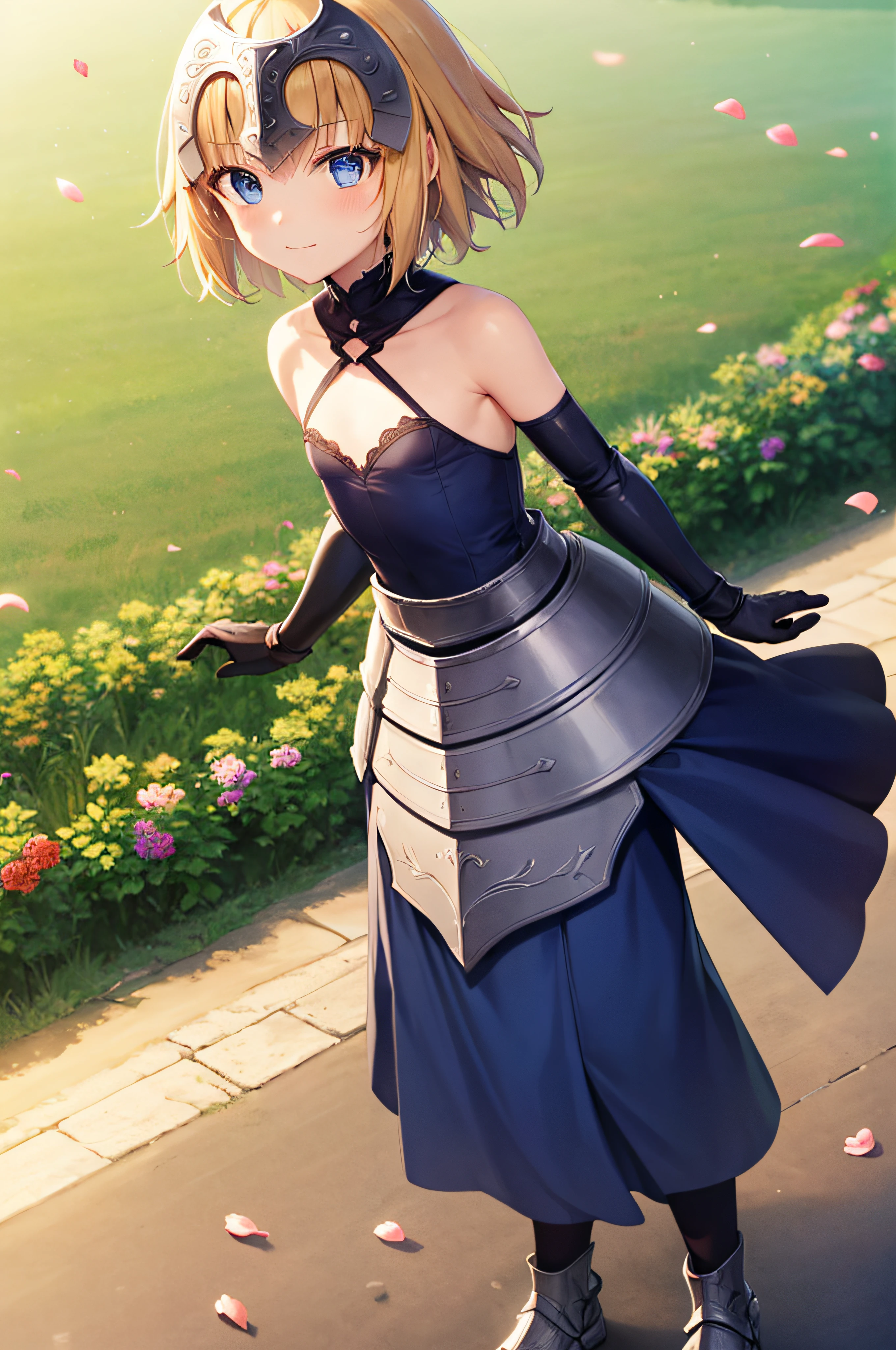 1girl, ((kids, flat chested, ****, cute, petite)), solo, (masterpiece), best quality, expressive eyes, perfect face, jeannedarc, jeanne darc, blonde hair, blue eyes, long hair, armor, armored boots, armored dress, black gloves, black thighhighs, braid, dress, gauntlets, gloves, headpiece, blue dress, single braid, thighhighs, slight smile, flower field background, floating petals, standing, full body, portrait, looking at viewer,