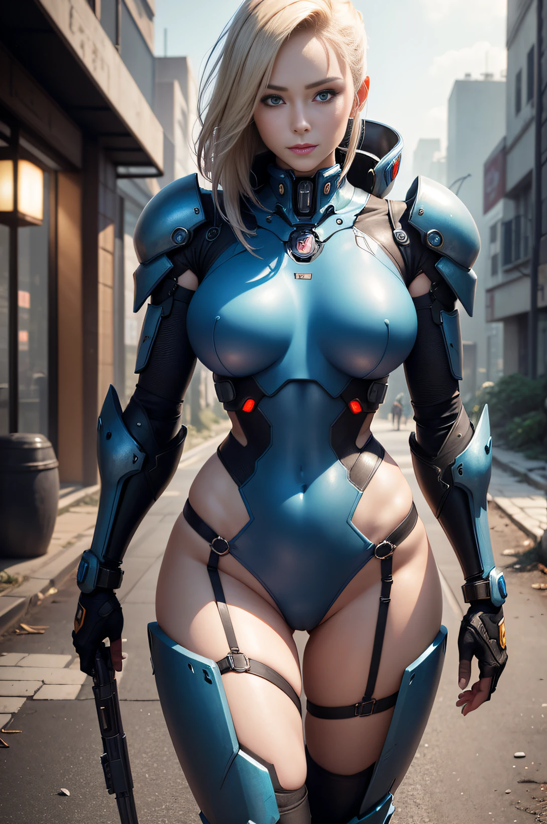 1 mature female, Body, Cyberpunk, mecha-armored, Mechanical, (masutepiece: 1.4), (8K, Realistic, Raw photo, Best Quality: 1.4), nipple areola shape clear, Japan mature woman, large full breasts, Beautiful cute face, (Real Face: 1.4), Perfect , Beautiful hairstyle, Realistic blue eyes, Beautiful detail eyes, (Real Skin: 1.3), Beautiful skin, Attractive, Ultra High Resolution, A hyper-realistic, city ruins, Post-apocalyptic world, Cinematic lighting, a blond, a short bob, blue ribbons,A smile, weapon in hand, futuristic fantasy, View, Battle Pose