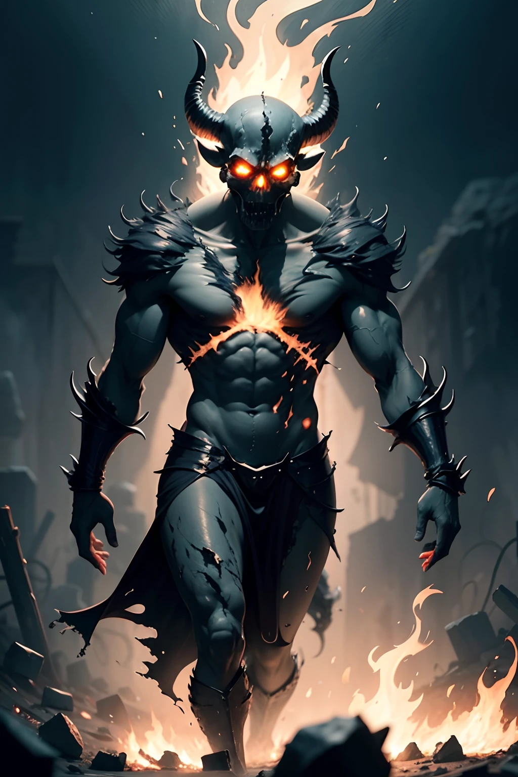 Without the robe, Malumbrum's skin is a grotesque canvas of charred and ashen flesh, eternally scorched by the infernal realm from which it emerged. The surface seems to writhe with ethereal, smoky wisps, creating an unsettling effect as if the very essence of the underworld clings to its form. Jagged, obsidian-like horns still crown its skull, and its eyes burn with an intense, malevolent flame, giving an unobscured view of the demonic horror beneath.