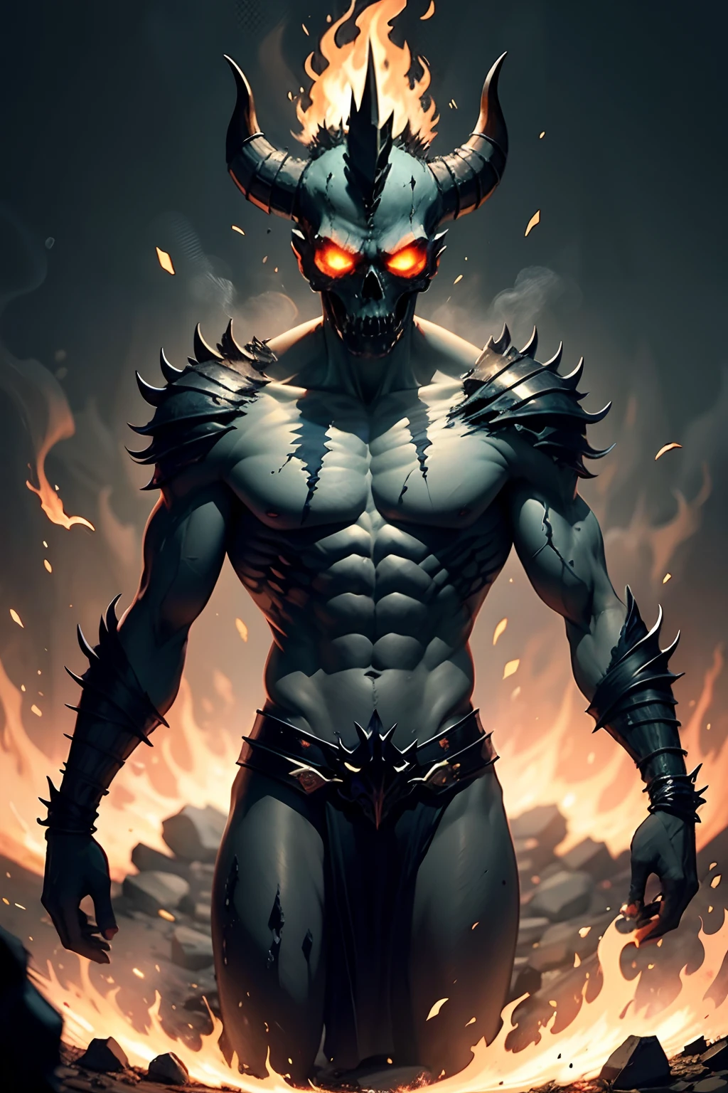 Without the robe, Malumbrum's skin is a grotesque canvas of charred and ashen flesh, eternally scorched by the infernal realm from which it emerged. The surface seems to writhe with ethereal, smoky wisps, creating an unsettling effect as if the very essence of the underworld clings to its form. Jagged, obsidian-like horns still crown its skull, and its eyes burn with an intense, malevolent flame, giving an unobscured view of the demonic horror beneath.