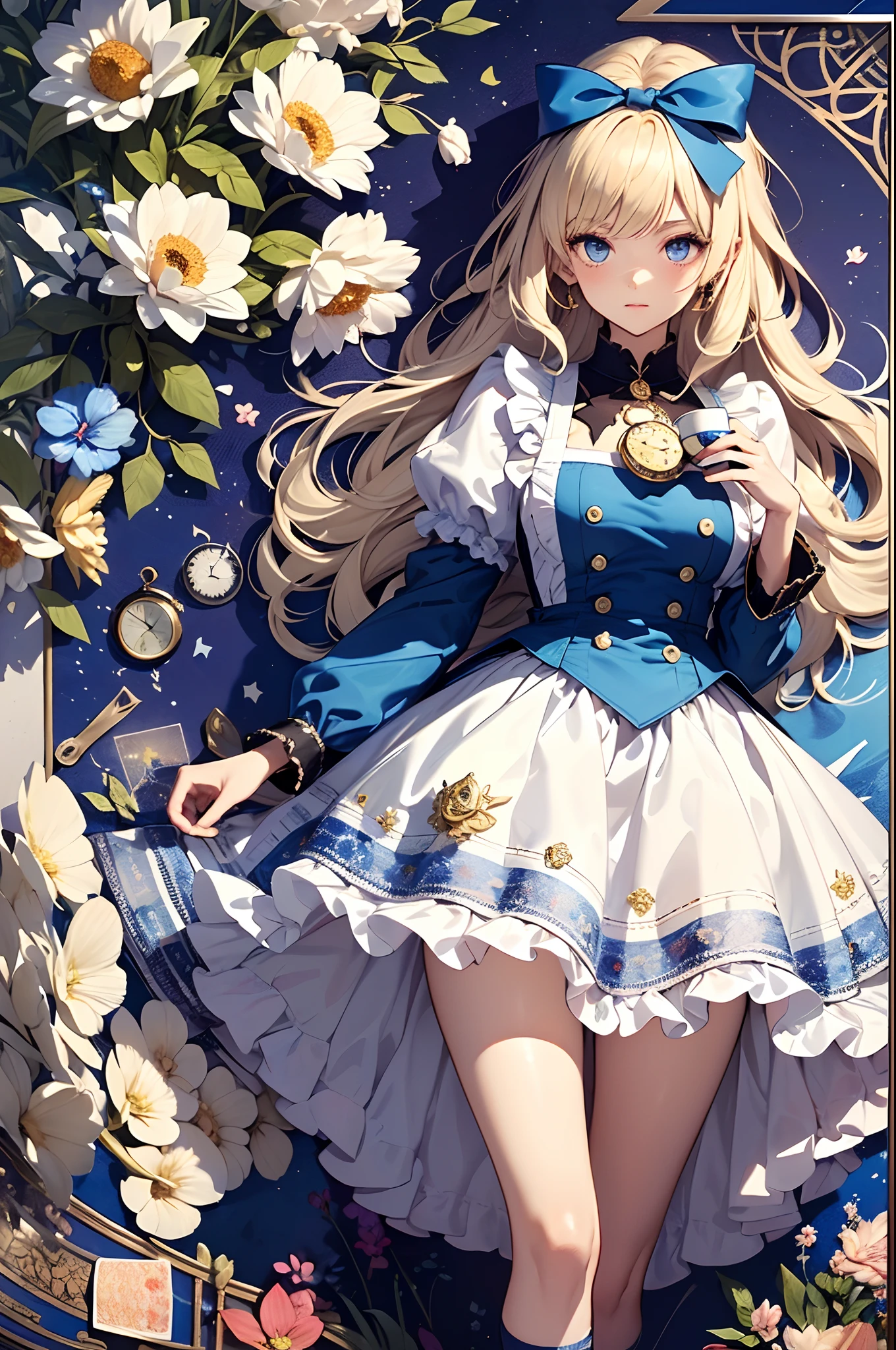 (masuter piece、top-quality、Mystical、Beautifully Aesthetic、Perfect human body balance、offcial art、Impresionismo、von gogh:1.2)、(1 girl in:1.3)、(Fractal Art:1.0)、shinny skin、patterns、(alice in the wonderland:1.2)、(PlayingCards、tea cup、pocket watch:1.3)、(Tie your hair with a ribbon、Blue Dress、a miniskirt、beauty legs、White Apron、white sock、platinum-blonde、Blue eyes)、Exotic wallpapers、highly colorful、Abstract background、Fantastical