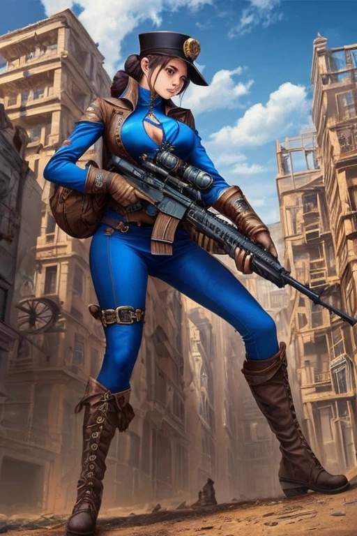 Arte em cores estilo Alex Horley, Sniper mulher full Steampunk , corpo inteiro, farda Azul, In Concentrated Action Aiming, top of a Steampunk Building, imagens ultra HD