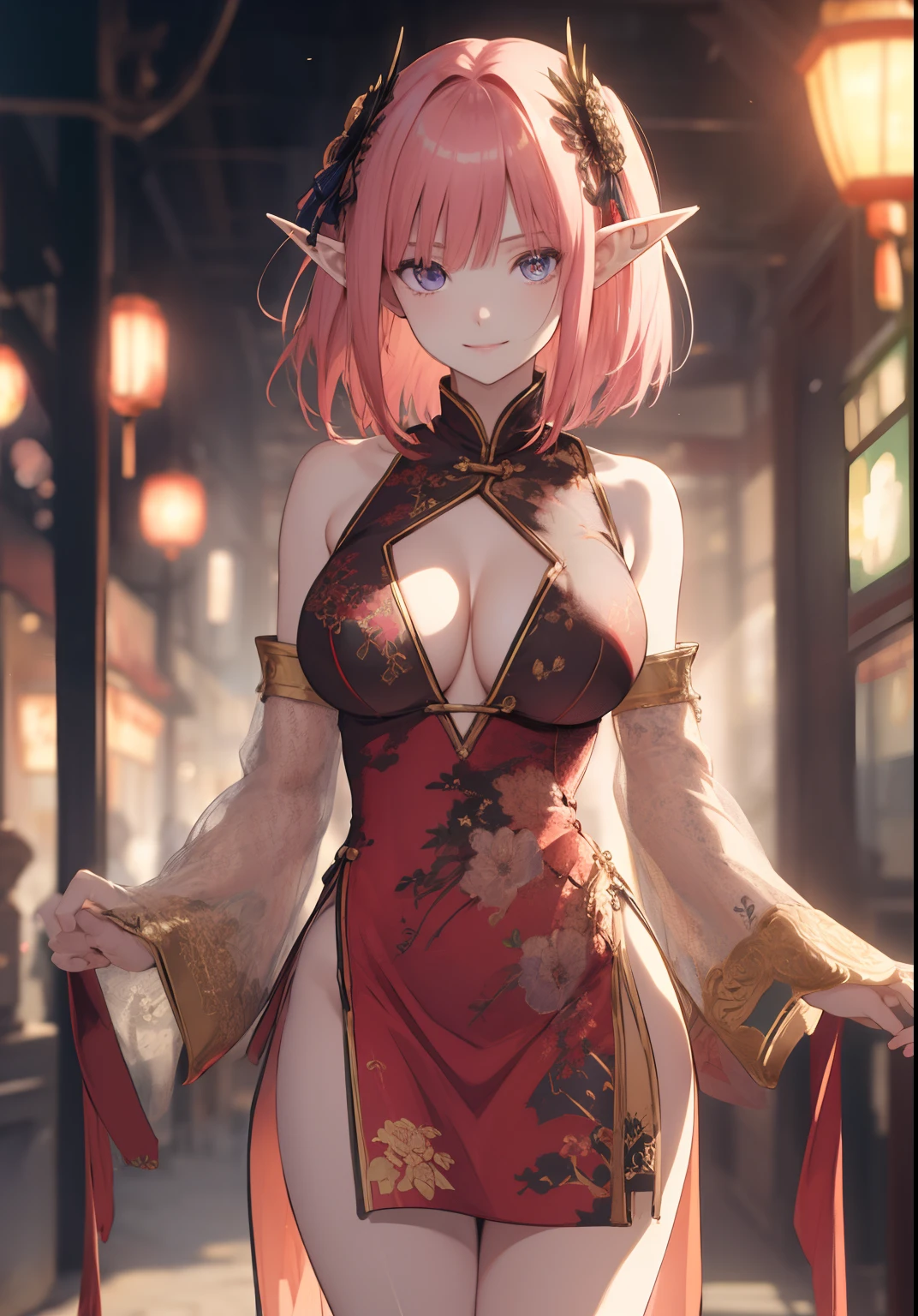(anime), (masterpiece), ((extremely detailed 8k illustration)), highres, (extremely detailed and beautiful background), ultra detailed painting, professional illustrasion, Ultra-precise depiction, Ultra-detailed depiction, (beautiful and aesthetic:1.2), HDR, (depth of field:1.4), colorful, vivid, beautiful detailed glow light particles, intricate:1.4, zentangle,
(girl), (highly detailed beautiful face and eyes), pale skin, parfect body, thighs, large breasts, big areola, pink eyes, elf ears, pink hair, short hair, straight hair, thin pubic hair, oily skin, cute, bare shoulders, china dress, chinese clothes, short dress, cleavage cutout, sideboob, thighs, smile, character focus, cowboy shot,