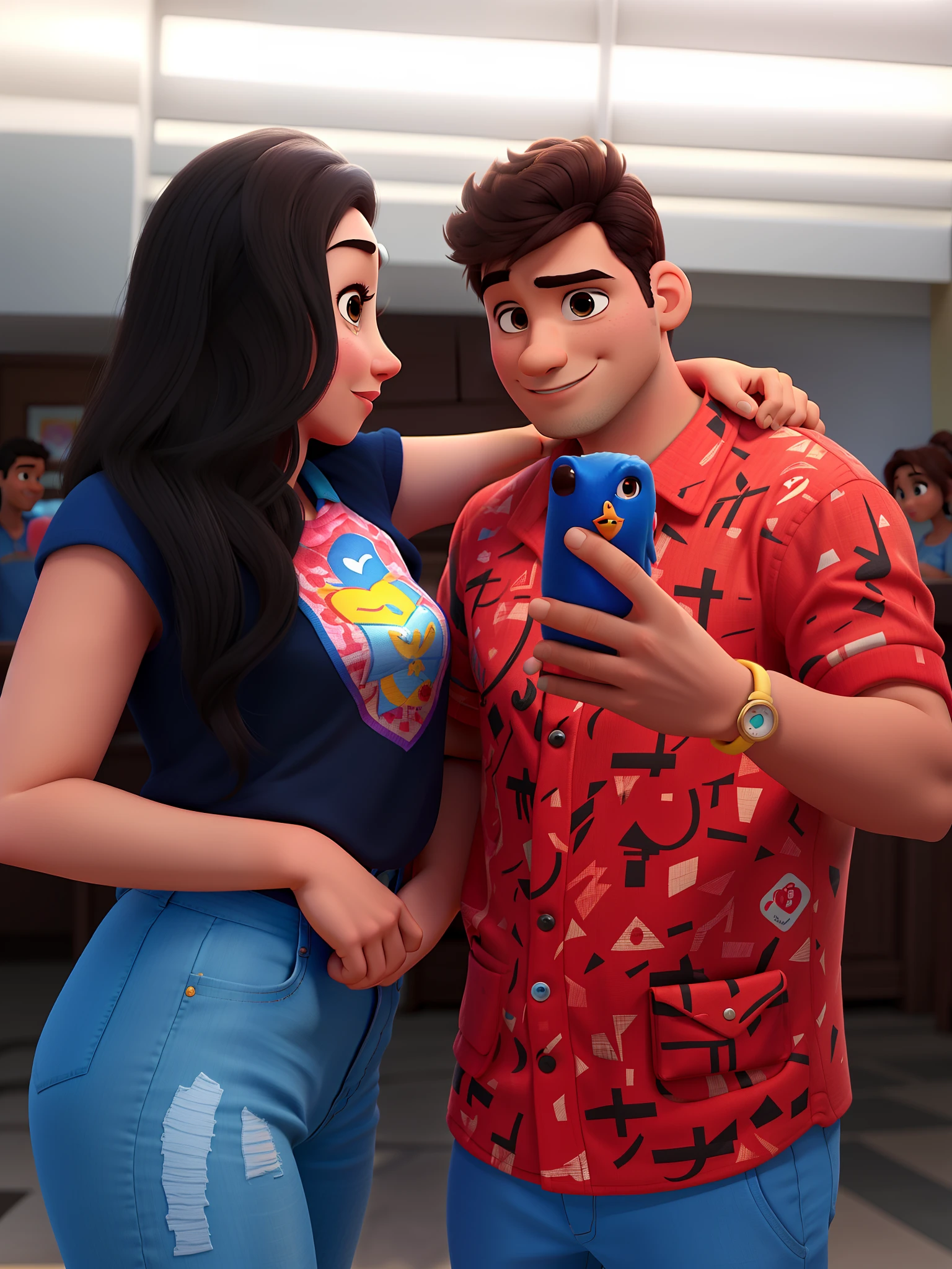 casal de namorados tirando foto em um espelho, estilo disney pixar, alta qualidade, melhor qualidade