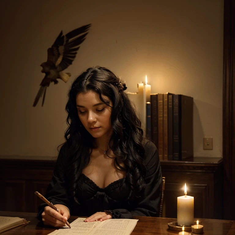 I want a woman sitting on her back, black wavy hair with lots of candles around with the dark room writing with a bird feather and an old Regency era paper