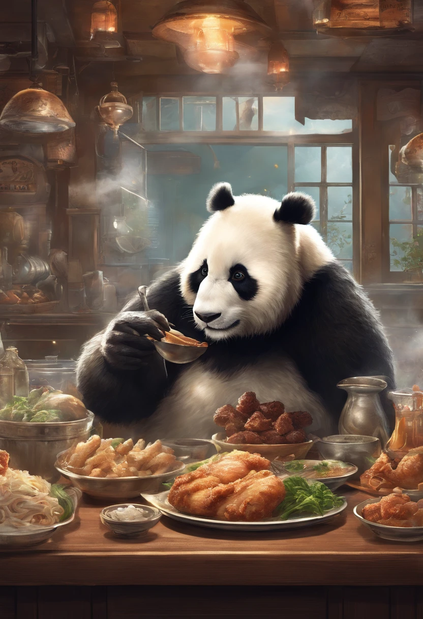 真实感, Realism,   Jean-Baptiste Monge's painting of a giant, Fluffy Lady,   Capture a touching moment, When a giant fluffy panda in stands in a chef costume in an apron,, With a chef's hat near a huge food bar in a restaurant., Crowded restaurant, Old Vintage BD Restaurant, People look at him, Savoring a plate of chops, Fried Chicken, and a glass of ice cutie. A panda's face should glow with pure happiness and wonder, with a smile, no matter, that it's the first time, to try these favorite chops, 4k, Bright lighting, 真实感, Smoke effect, There is a lot of smell in the air, The kitchen is lit in the background,