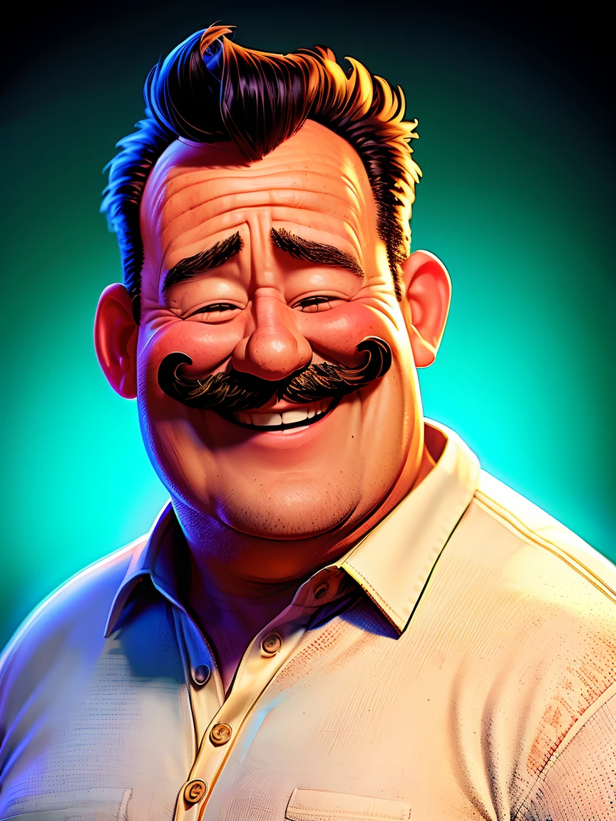 masterpiece, best quality,a middle age man with a mustache and a white shirt is laughing , eye closed, black background