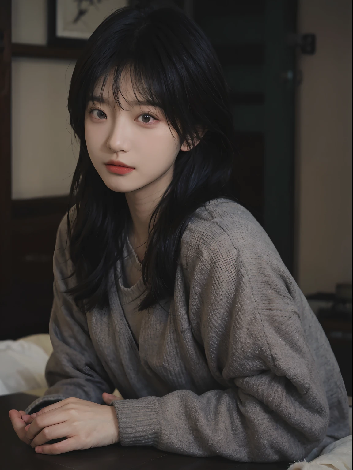 best qualtiy, 超高分辨率, (realisticlying:1.4), A woman with long black hair and a gray sweater, 中景 the scene is, in a sunbeam,She has black hair,By bangs, young lovely Korean faces, wan adorable korean face, ulzzangs, Shin Jinying, beautiful aesthetic face, Korean face features, Played by Liu Lee Ji Eun ,Beautiful realistic face