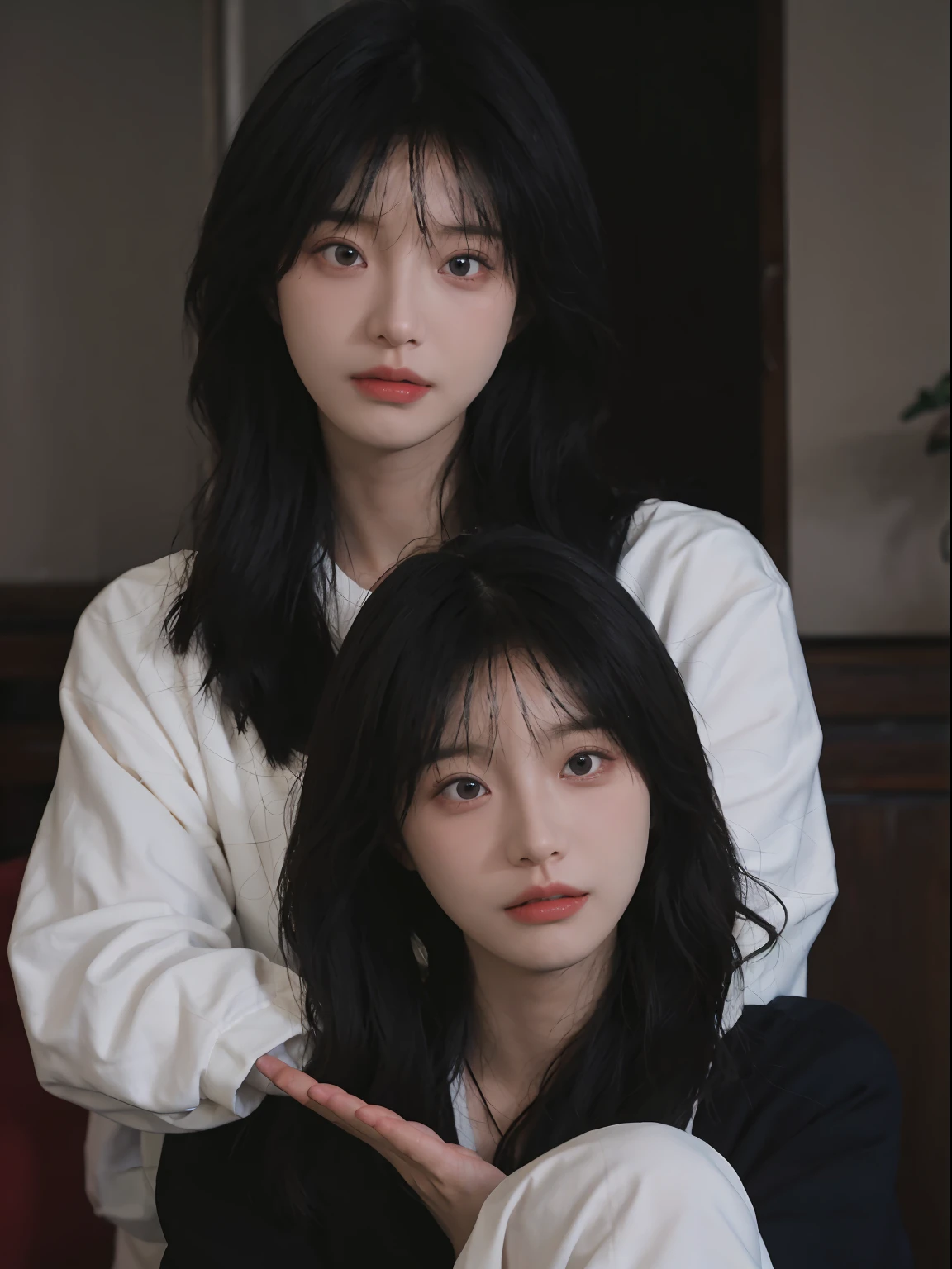 best qualtiy, 超高分辨率, (realisticlying:1.4), A woman with long black hair and a gray sweater, 中景 the scene is, in a sunbeam,She has black hair,By bangs, young lovely Korean faces, wan adorable korean face, ulzzangs, Shin Jinying, beautiful aesthetic face, Korean face features, Played by Liu Lee Ji Eun ,Beautiful realistic face