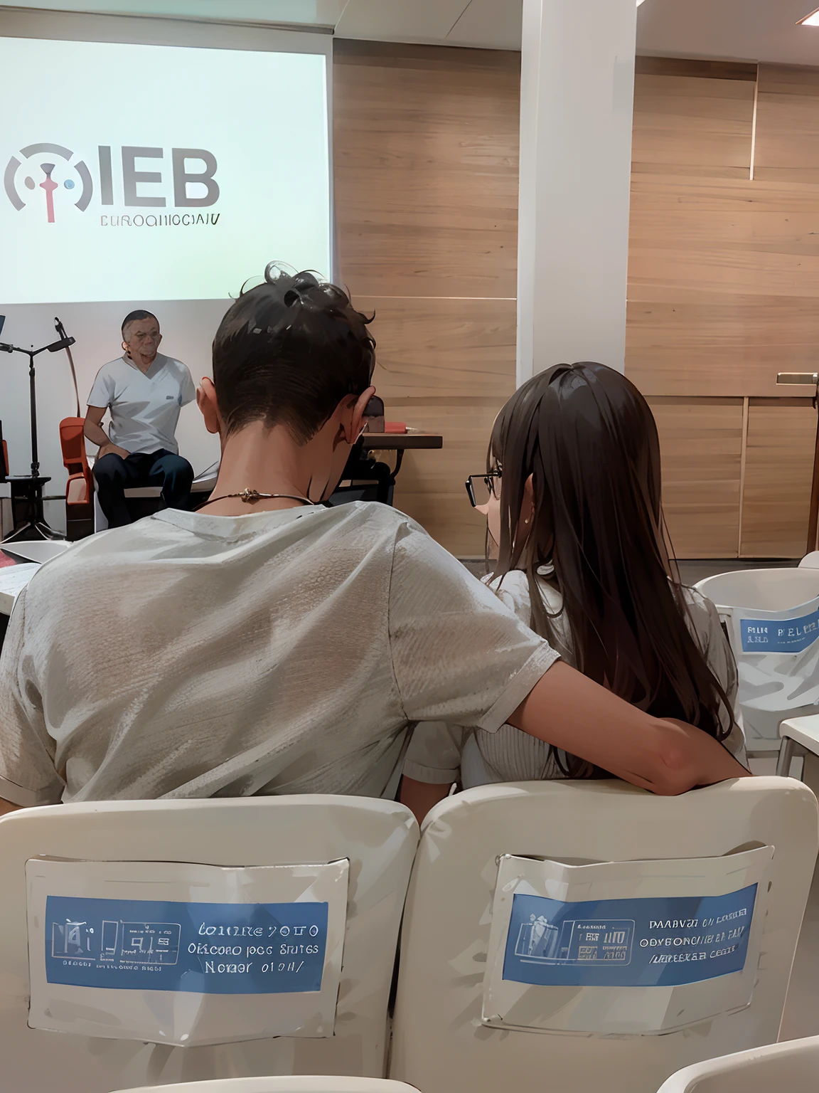 There are two people sitting in chairs watching a performance, audience in the background, interesting composition, 🤬 🤮 💕 🎀, nice composition, 😭 🤮 💕 🎀, Directed by: Bernardo Daddi, Directed by: Enrico Baj, in meeting together, vista ampla, por Fede Galicia, muito poderoso, Directed by: Emma Andijewska, beautiful composition, fundo transparente