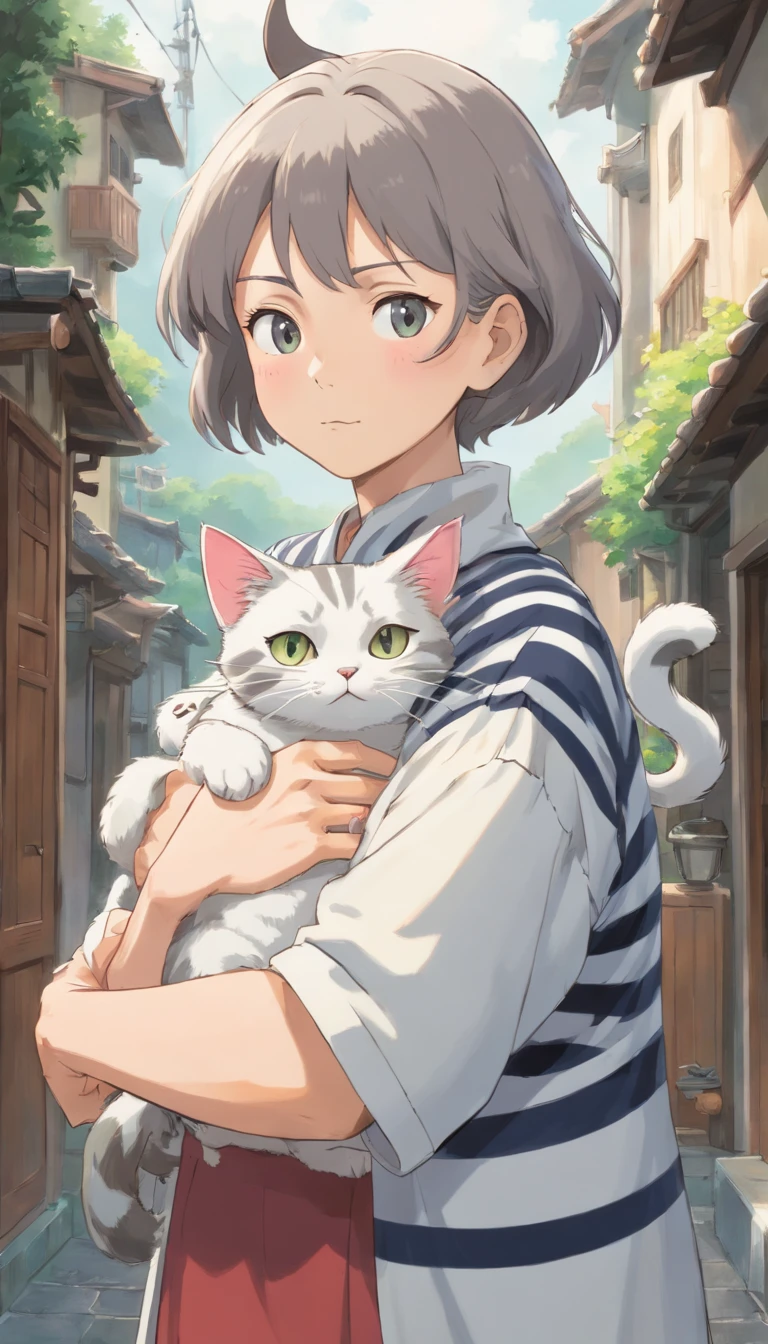 The middle-aged woman has a fierce expression, standing in front of her, holding a gray-and-white striped cat in her arms