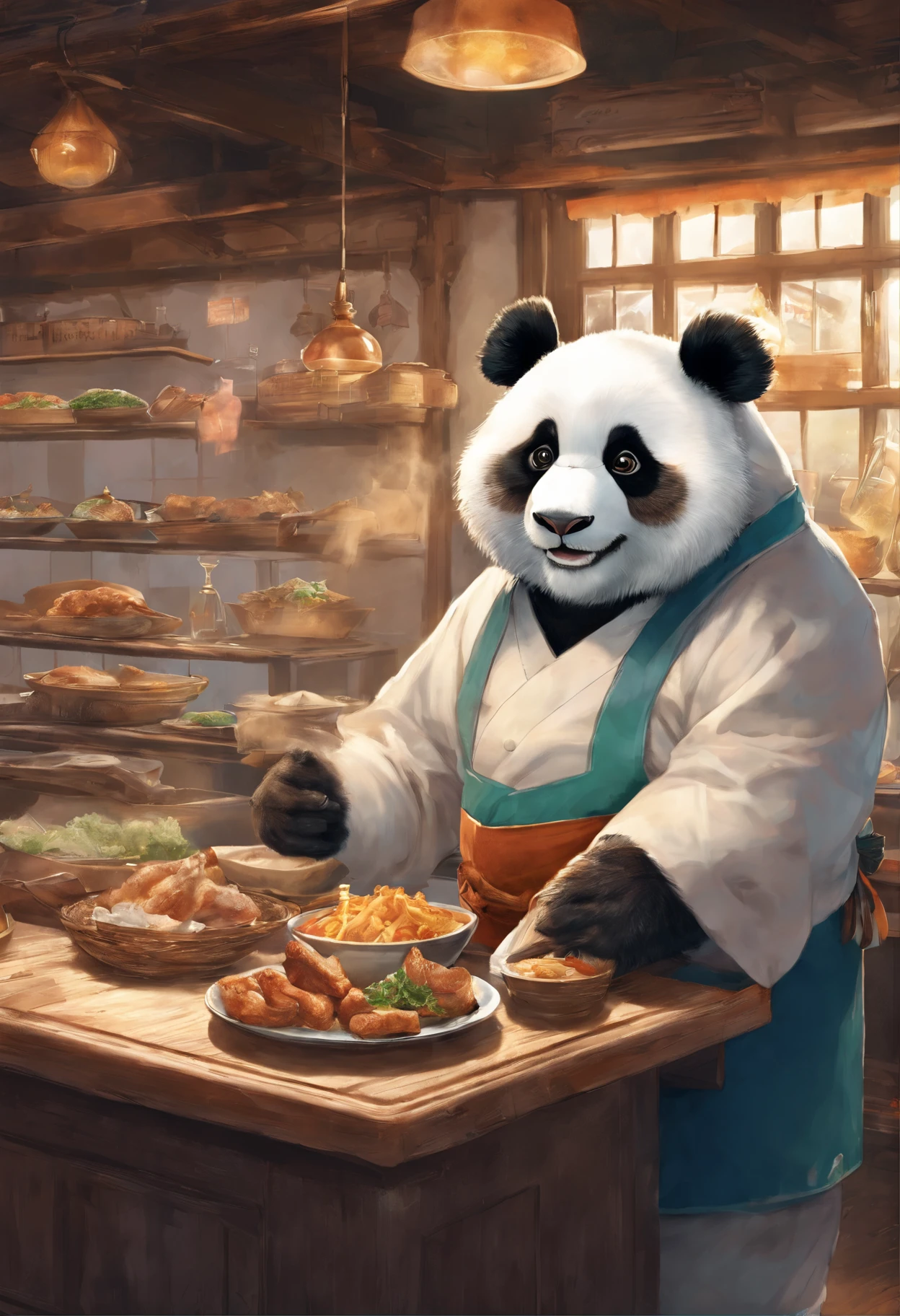 真实感, Realism, Jean-Baptiste Monge's painting of a giant, Fluffy Lady, Capture a touching moment, When a giant fluffy panda in stands in a chef costume in an apron,, With a chef's hat near a huge food bar in a restaurant., Crowded restaurant, Old Vintage BD Restaurant, People look at him, Savoring a plate of chops, Fried Chicken, and a glass of ice cutie. A panda's face should glow with pure happiness and wonder, with a smile, no matter, that it's the first time, to try these favorite chops, 4k, Bright lighting, 真实感, Smoke effect, There is a lot of smell in the air, The kitchen is lit in the background,