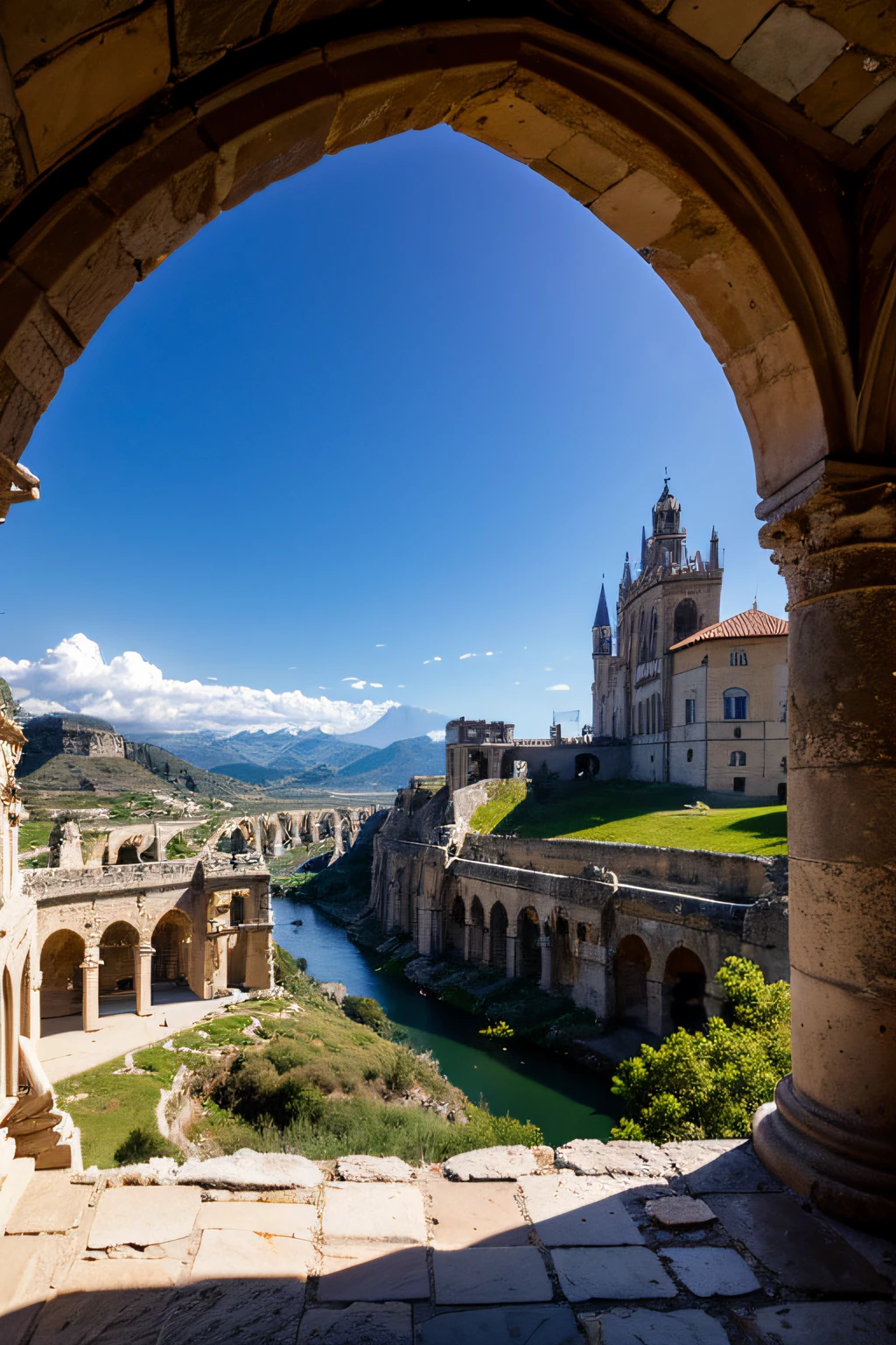 Masterpiece, medieval Spanish landscape, ruins, ruins, mountains, rivers, auspicious clouds, sun, masterpiece, ultra detailed, magnificent composition, Ultra HD, high quality, highly detailed, official art, unified 8K wallpaper, ultra detailed, 32K -- v 6