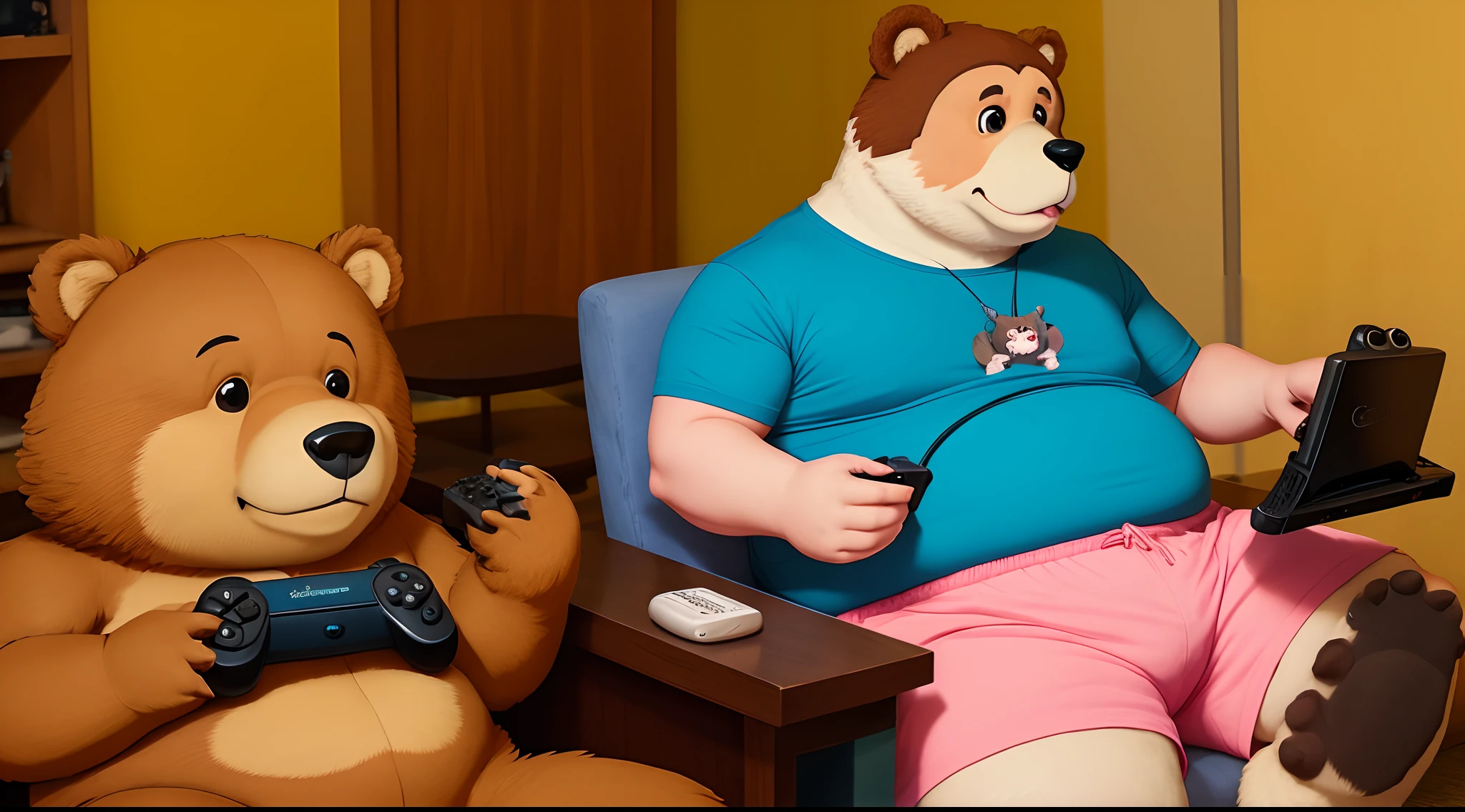 Furry anthropomorphic male cute fat latino bear with yellow and blue tanktop, pink shorts chony paws an tired anime eyes and 50's haircut  playing videogames