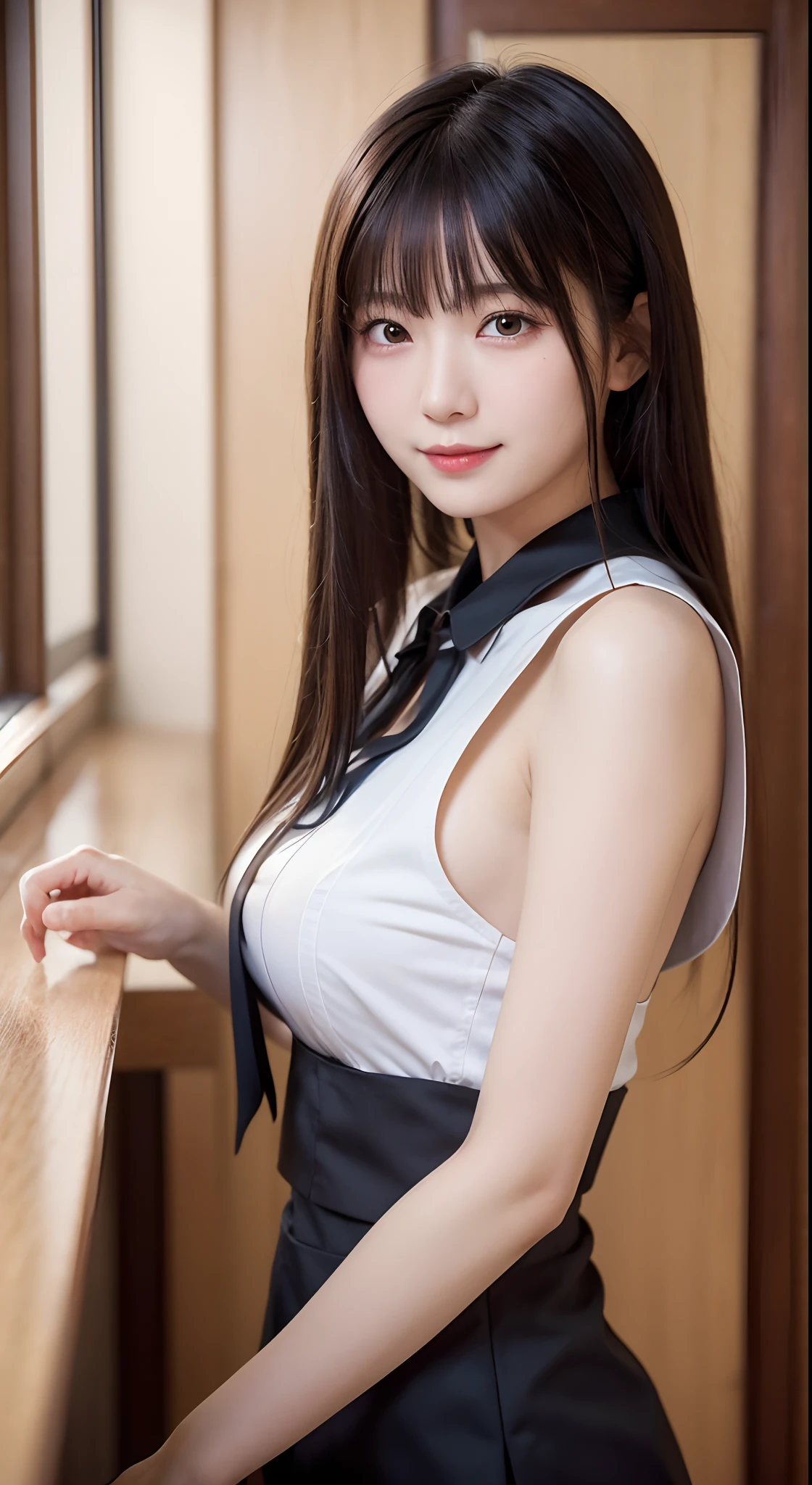 (Highly detailed CG Unity 8k wallpaper, best qualtiy, master piece, Realistic, photos realistic),
( extremely detailed cute girl, 25 years old , (Cute Maid Costume ),(Smile , Round eyes, Large breasts),
( looking viewer,Half body shot<Sitting,thighs thighs thighs thighs,Showing panties) ,Blunt bangs