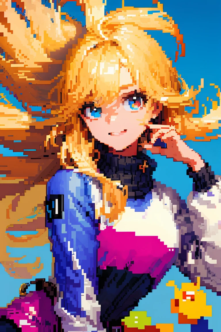 ((In the style of pixel art)), pixel, 4 bit pixel art, 1girl, primer plano, solo cara, Cabello beige, cabello rubio, ojos verdes, sonrisa, gargantilla, Sudadera con capucha suelta, Estampado de sudadera con capucha, Sudadera con capucha negra, Ahoge de pelo grande, Cabello grande, cabello ondulado, Pelo muy largo, Arte oficial de Pixel, absurdo nada, Mirando al espectador, Enfoque en solitario, Dynamic Angle, head bowing, Fondo simple, fondo gris, Ultra detailed pixel art