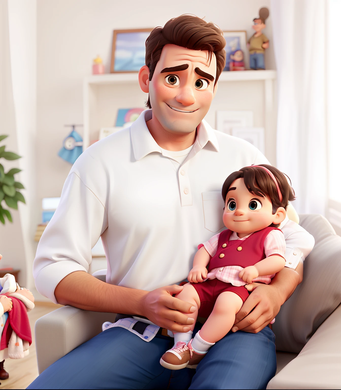 A father on the right looking forward, Holding a baby girl, Estilo Disney Pixar, best quality