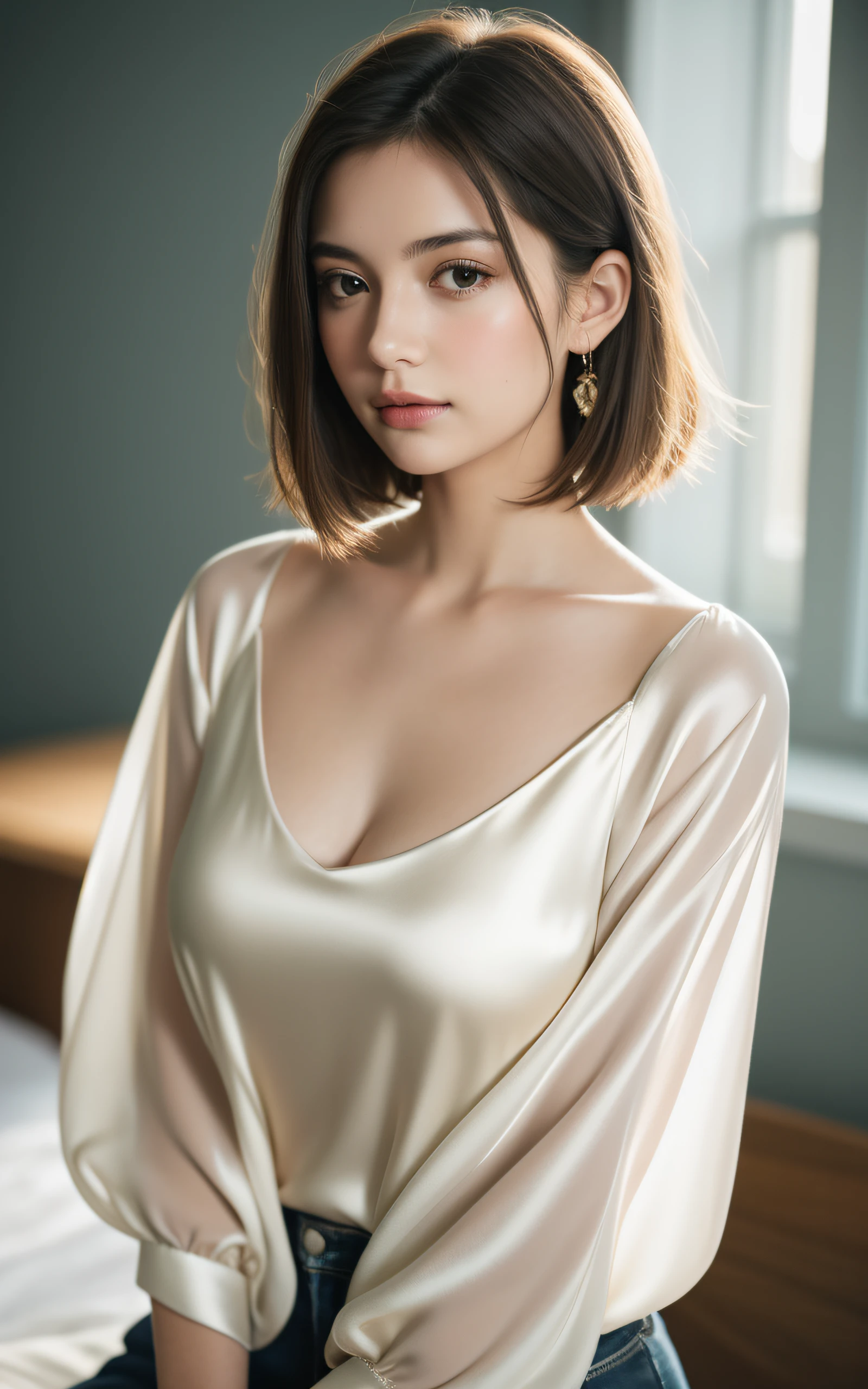 masterpiece, Best Quality, 8K, 20 yo, (Large breast:1.2), cuddly, Solo, sad, Cute, Girly, Delicate girl, Neat and clean beauty, Raw photo, Professional Photography, Portrait, Soft light, Professional Lighting, Back lighting, Upper body, Looking away, Sophisticated, Film grain, (Eyes and faces with detailed:1.0), short length floating hair , beautiful flowing hair, silk blouse,