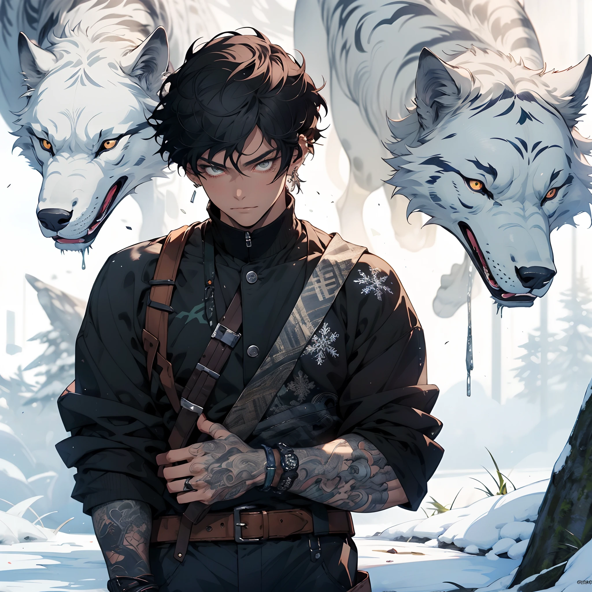 Realistic, (masterpiece, top quality, best quality, official art), very detailed, colorful, most detailed, gods, short hair, black hair, (magic), handsome man, snowflake, silver wolf