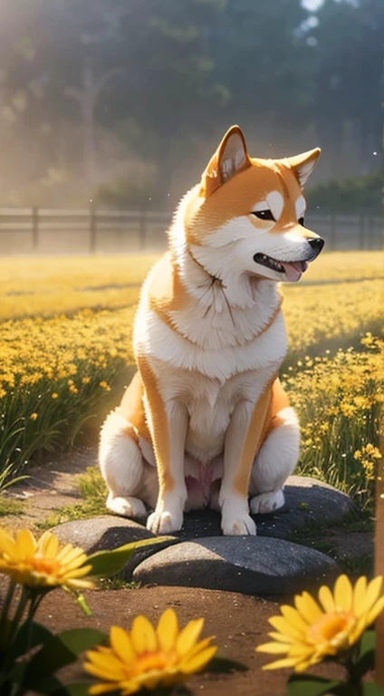 Close-up of Shiba Inu at Sunshine Park，clean back ground，depth of fields，Large aperture，photography of，butterflys，Volume Fog，Halo，florals，Dramatic atmosphere，at centre，The Rule of Thirds，200mm 1.4F macro photography