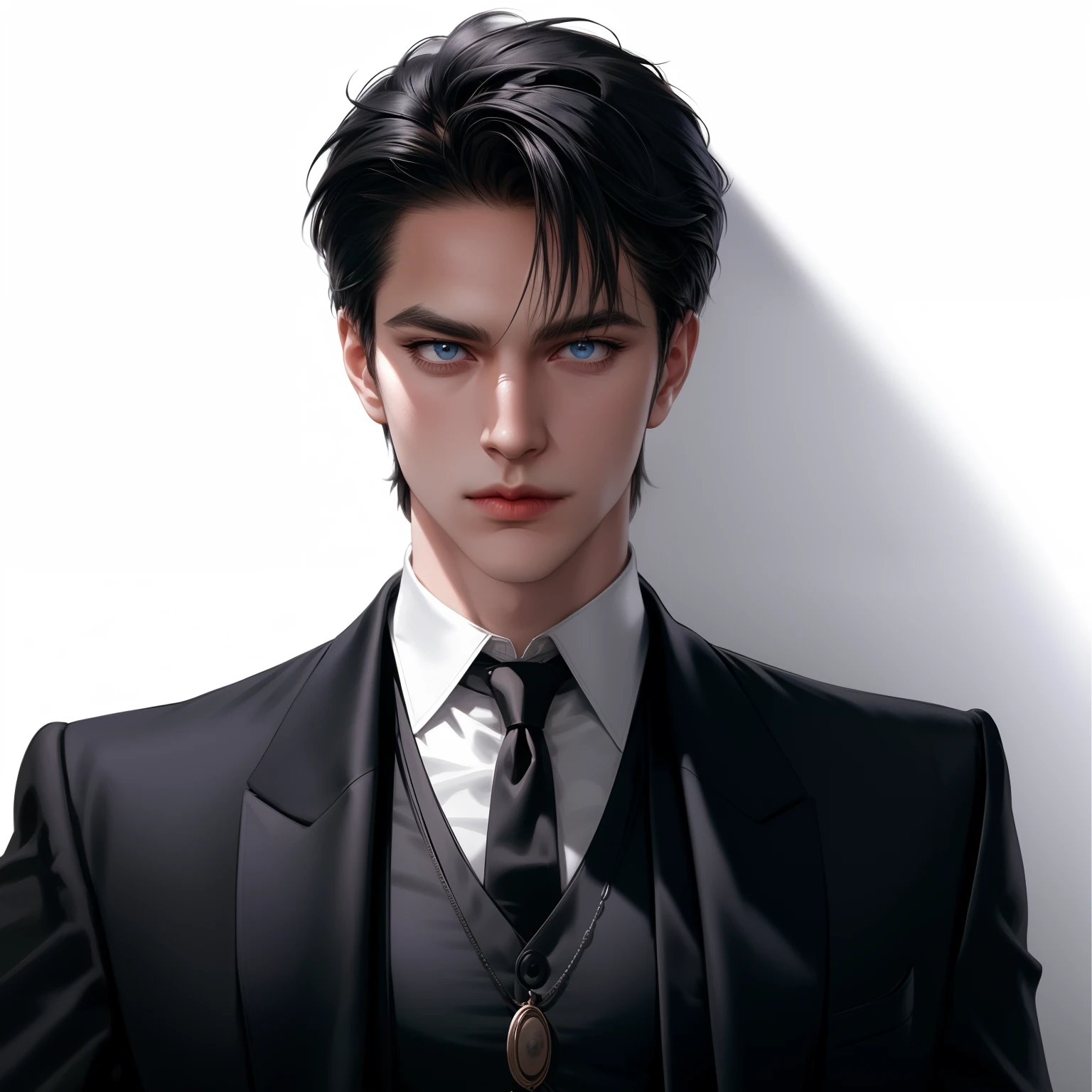 (masterpiece,best quality,ultra_detailed,highres,absurdres),1 mature male, 30-ish, (wide shoulder), (muscular), male focus, solo, black hair, chain, shirt, black necktie, necktie, simple background, blue eyes, upper body, vest, short hair, looking at viewer, parted lips, collared shirt, round eyewear, long sleeves, black shirt, white background, black vest, monocle, jewelry.