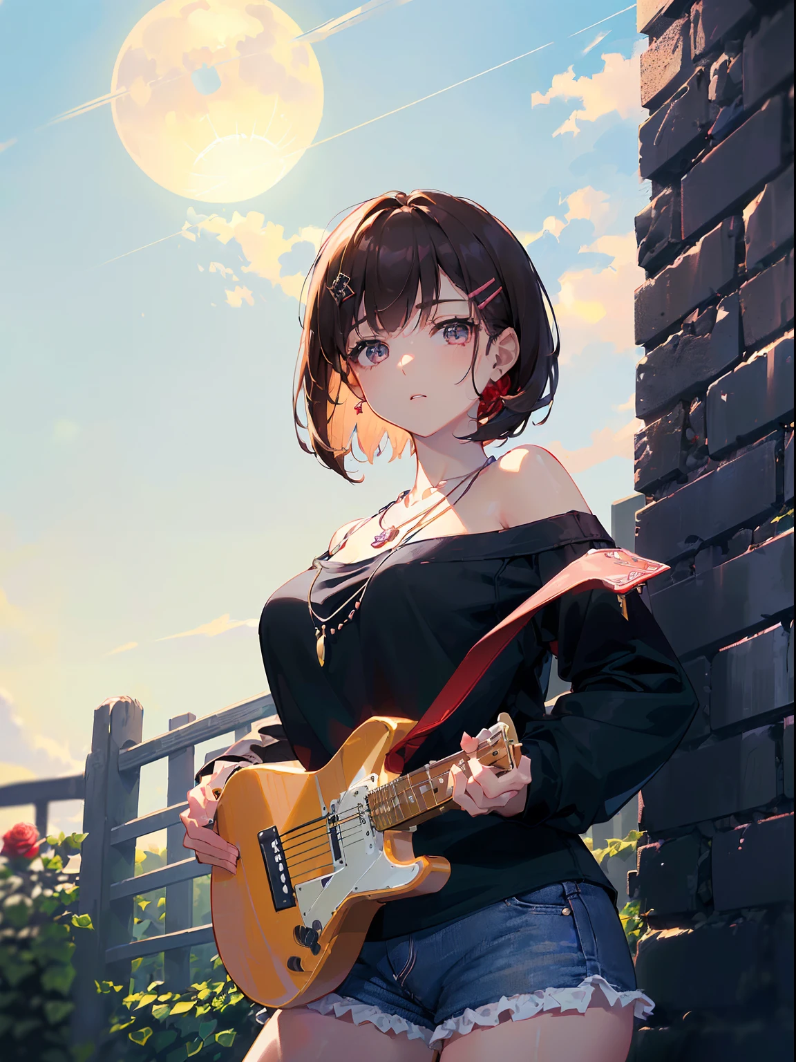 ((((Playing guitar,))))((Hands in pockets,))(Masterpiece illustration,Beautiful and aesthetic:1.2,Target the audience,From below), Best quality,Top quality, Epic quality,((((Fence wall，Rose,En plein air,))))(Moonlight,Moon glare, god light,))Neat face,underage,mature,Beautiful detailed hair，Brown hair，hyper HD, retinas, Textured skin, A high resolution, 16k ，((hair pin,Steep bangs,side locks,Short hair,Large bow in hair)),Detailed face, 1JK, Lady,Solo, Perfect face, Very amazing girl,((cropped shoulders,Long sleeves,Black T-shirt,frilld,Short shorts,Ruby necklace)),rim-light