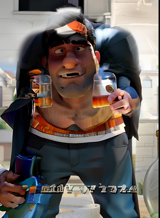 An adult man in black superhero cape, Pretending to be playing guitar but it's actually a bottle of vodka, In a backyard setting of a house