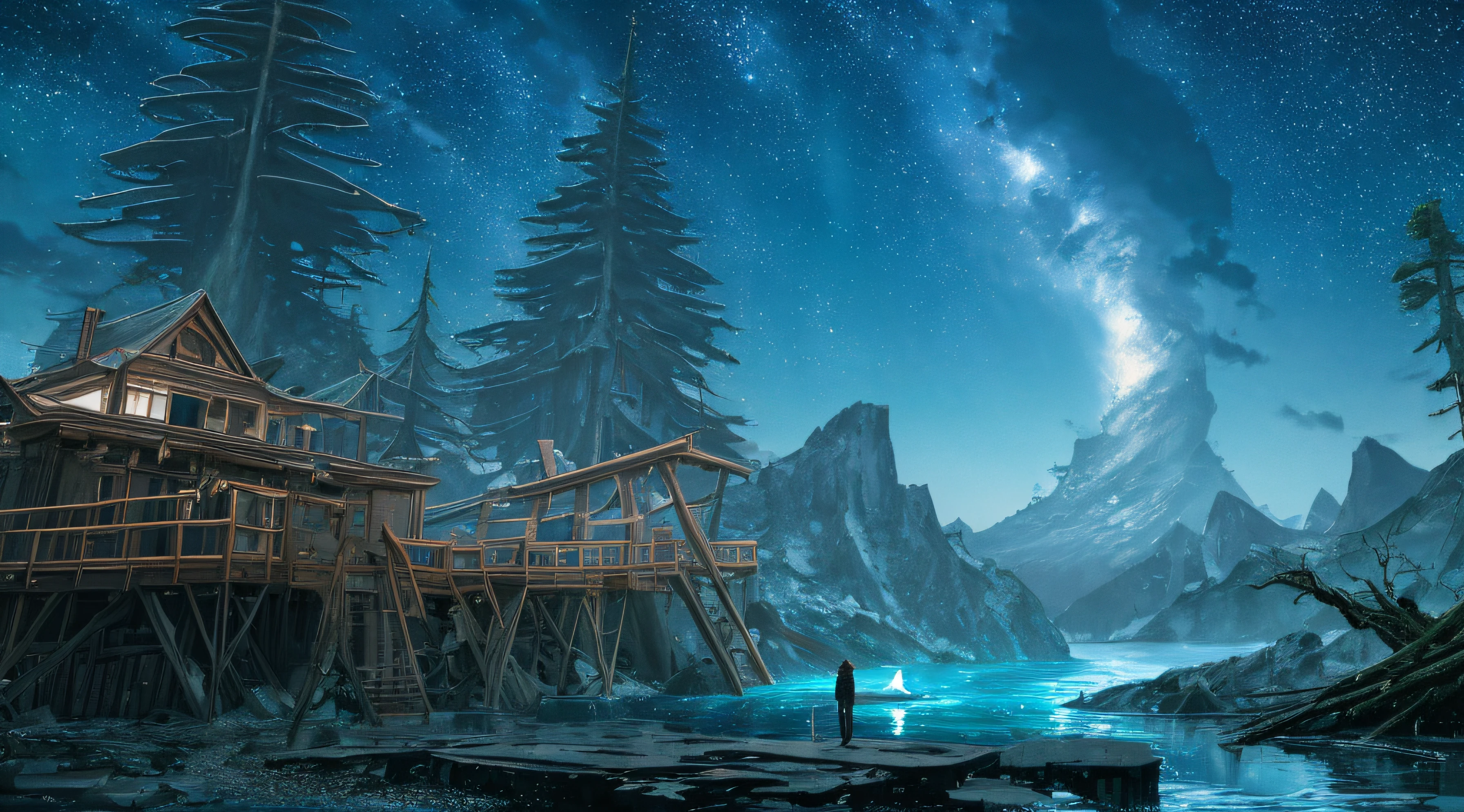 ConceptArt, scenery, water, sky, night, tree, stars, galaxy, moon, waterfall, outdoors, ruined building, nature, river, 1 woman, brunette, ponytail, trousers, an explorer with companion, bonfire, tent